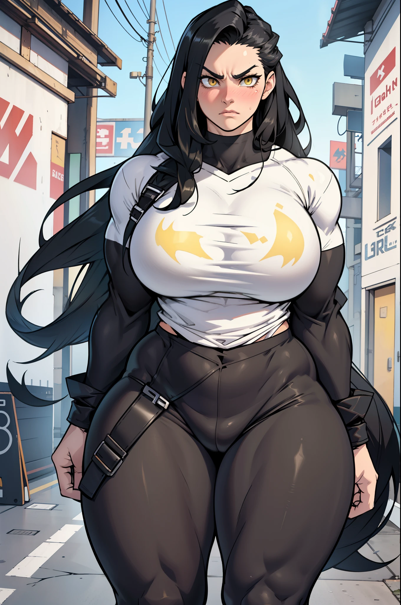 1girl solo black hair yellow eyes very long hair pale skin muscular muscular muscular muscular toned body huge muscles thick thighs girl tight clothes angry blushing messy hair leggings tight shirt long sleeves thick thick thick thick thick thick thick thick thick thick thick thick thick thick thick thick thick thick thick thick thick thick thick thick thick thick thick thick thick thick