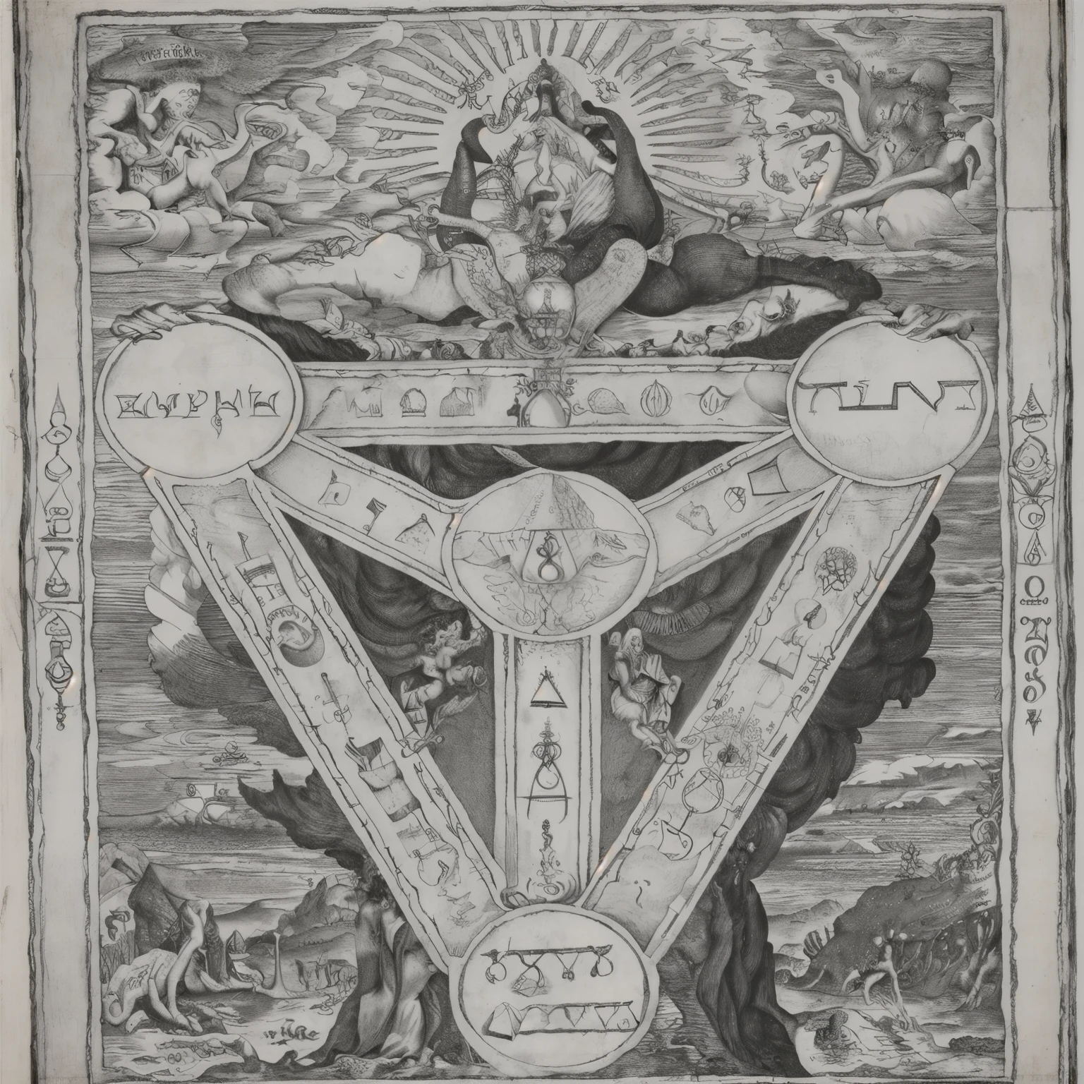 um desenho em preto e branco de um homem segurando uma piramide, hermes trismegistus, diagrama oculto, unreadable Rosicrucian symbols, gravura de 1700, Gnostic, inscribed with occult symbols, esoteric art, 17th century, masonic art, an alchemical art illustration, Gnosticism, esoteric