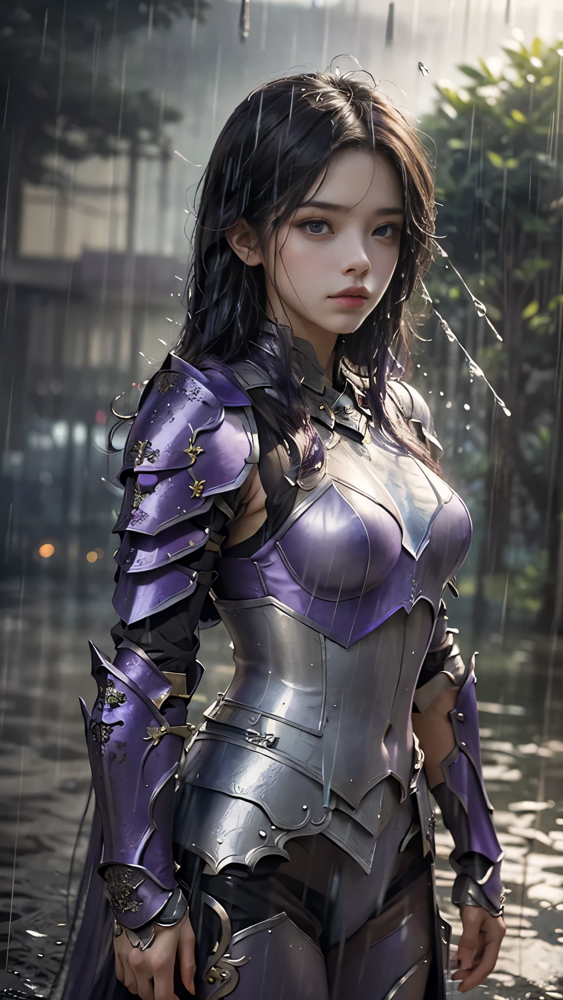 a woman in a purple armor, realistic Art Station, (hard raining:1.5), Detailed Fantasy Art, Stunning Character Art, beautiful Exquisite Character Art, Beautiful (purple Armor:1.8), Extremely Detailed, Exquisite Intricate Headdress and Jewellery, perfect body,