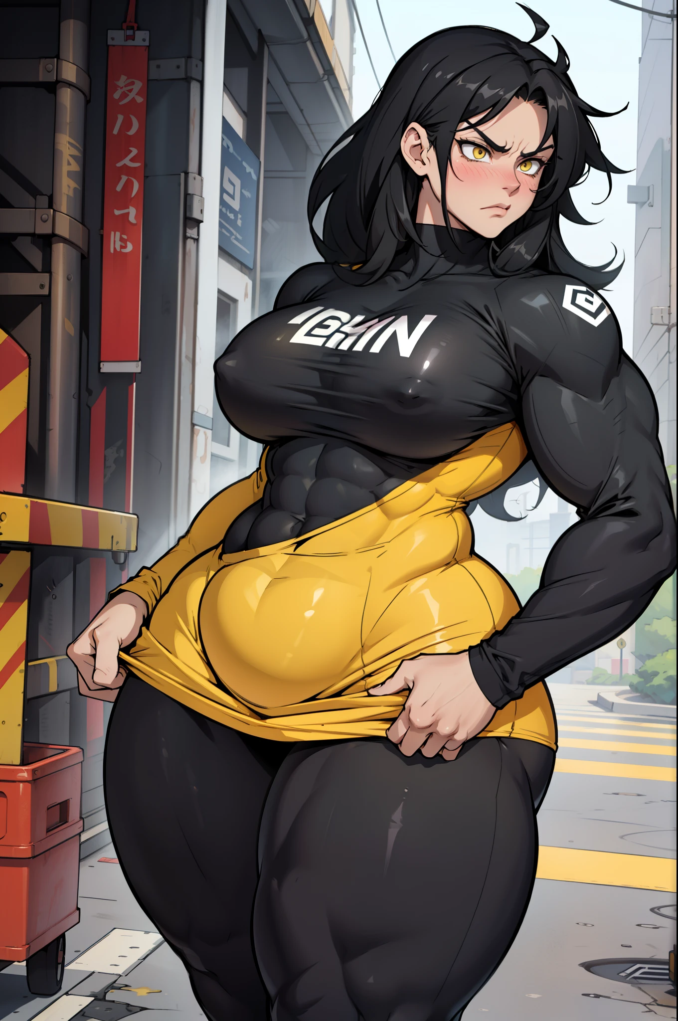 1girl solo black hair yellow eyes very long hair pale skin muscular muscular muscular muscular toned body huge muscles thick thighs girl tight clothes angry blushing messy hair leggings tight shirt long sleeves thick thick thick thick thick thick thick thick thick thick thick thick thick thick thick thick thick thick thick thick thick thick thick thick thick thick thick thick thick thick