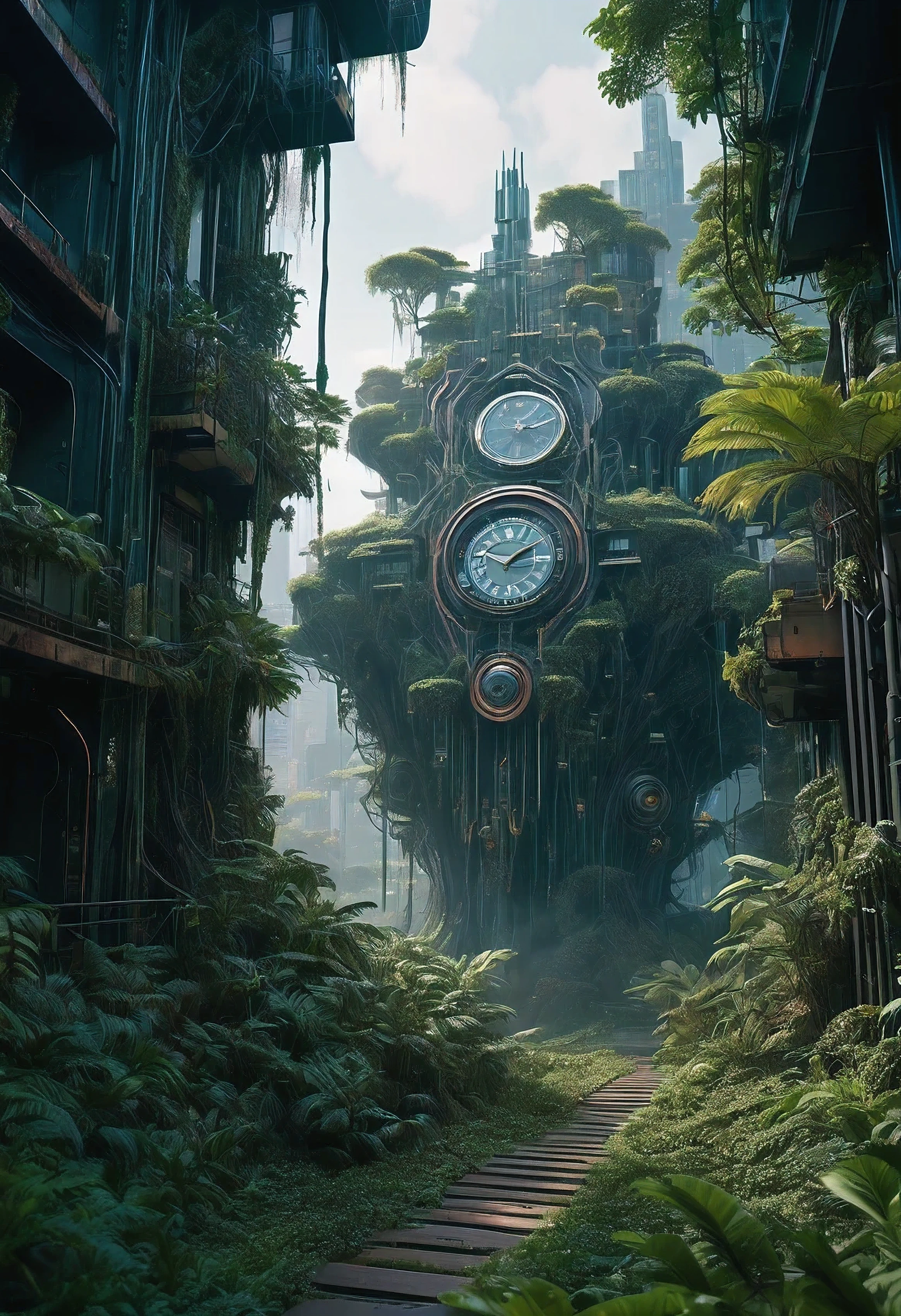 (cyberpunk style)), Hi-Tech city, mechanical enhancement, (high-tech fantasy), robotics, blade runner 2049, Ghost In The Shell, ultra realistic,, background in jungle Futuristic Citizens in the style of Photo real, hyper-realistic, high dynamic range, rich colors, lifelike textures, 8K UHD, high color depth, Nikon D 850, Kodak Portra 400, Fujifilm X Imagine a world where time and reality are twisted into an otherworldly landscape, much like the surreal and gothic scenery in the provided image. The video opens on a vast, desolate expanse where colossal tree-like structures rise from the ground, their branches morphing into intricate patterns that defy nature's laws. Sinister skulls and all-seeing eyes adorn the grooves of the woodwork, while an enormous clock ticks backwards, its hands moving in reverse as if unwinding the fabric of time. The sky is a tapestry of tumultuous clouds that churn in fast-forward, casting unsettling shadows over the barren, maze-like terrain below. Every texture is hyper-detailed, resembling a high-definition painting that pulsates with an ominous energy. The colors are muted yet profound, with deep blues and greens contrasting against the copper tones of the twilight sky. In this brief but hauntingly beautiful animation, the essence of the painting is brought to life, encapsulating a universe where gothic fantasy and temporal enigmas reign supreme