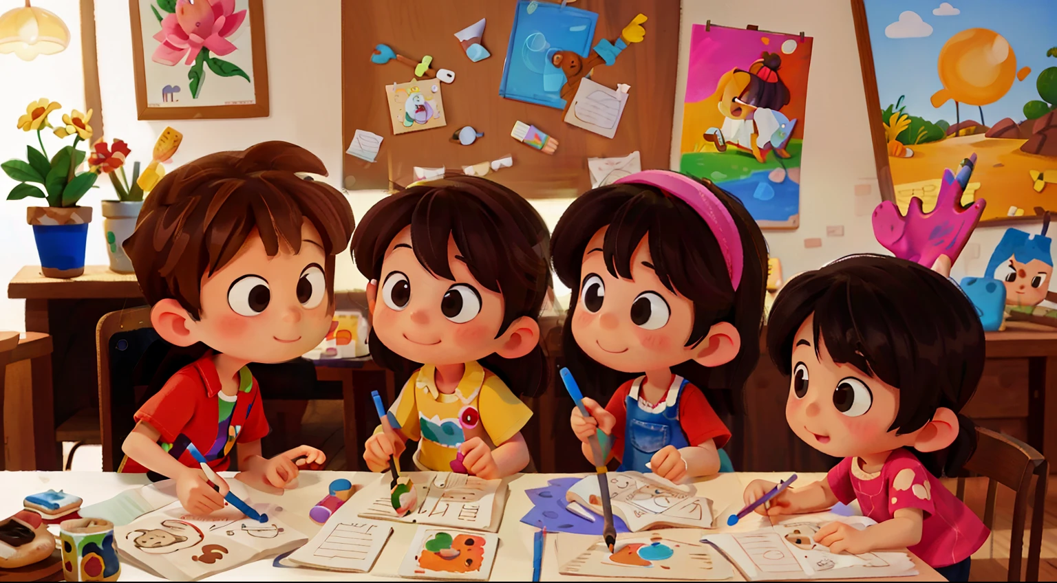 a group of children are painting on a table with paints, children painting, kids drawing, children drawing, drawing for children, childrens drawing, art station, children illustration, art station trends, childrens illustration, children drawing with pencils, children’s drawing, children's drawing, art station front page, art station trend, art stations, kid drawing, kids fantasy drawing, painting illustration