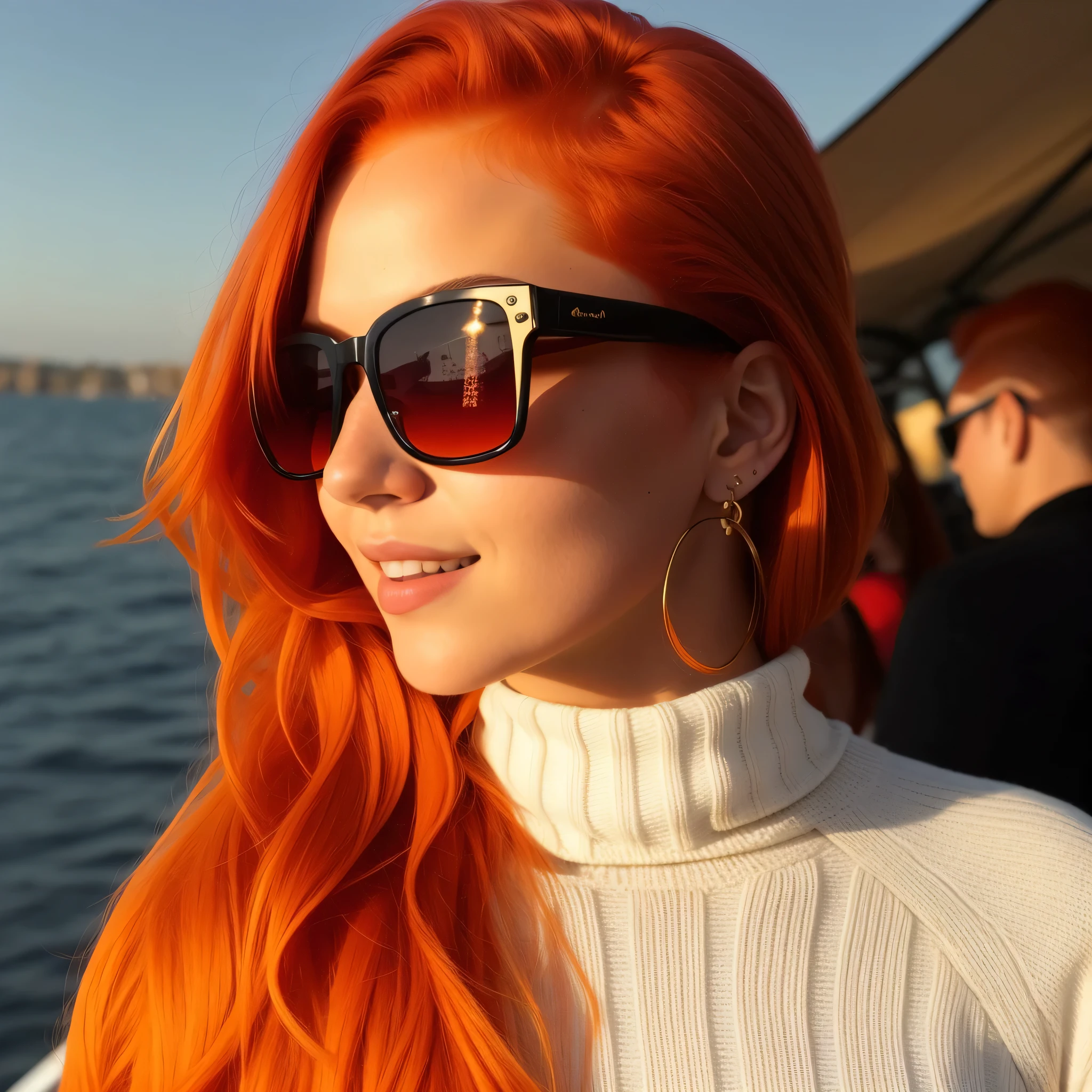 There's a woman with red hair and sunglasses on a boat, mulher jovem de cabelos vermelhos, mulher ruiva,  ruiva jovem bonito, Redhead Girl, uma jovem ruiva,  de cabelos vermelhos, mulher com cabelo vermelho, luz solar intensa, with sunglasses,  do cabelo vermelho, em tempo ensolarado, com cabelos ruivos, Retrato de uma  de cabelos vermelhos,  illustration, highes definition, estilo cyberpunk