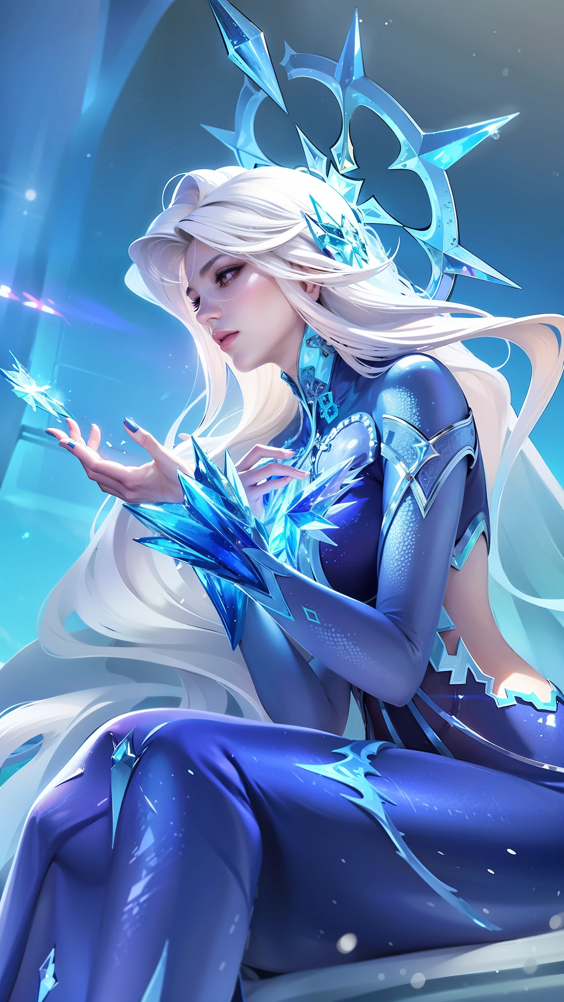 (female:1.2), 8k, ultra hd, ultra detailed texture, hyper realistic, masterpiece, detailed texture, detailed face, detailed skin, detailed lighting, (photorealistic:1.5), best quality, beautiful lighting, cinematic lighting, professional lighting, ultra highres, realistic, detailed hair, real hair, high quality, (realskin:1.5), extremely detailed, finely detail, ultra-detailed, red lips, long hair, white hair, aurora \(mobile legends\), depth of field, looking aways, white skin, skin tight, amazing pose, outdoors, glowing, there is a woman sitting on a rock with a crystal in her hand, ice sorceress, queen of ice and storm, ice mage, ice queen, crystalline skin, beautiful ancient frost witch, ice spell, goddess of winter, beautiful celestial mage, crystal maiden