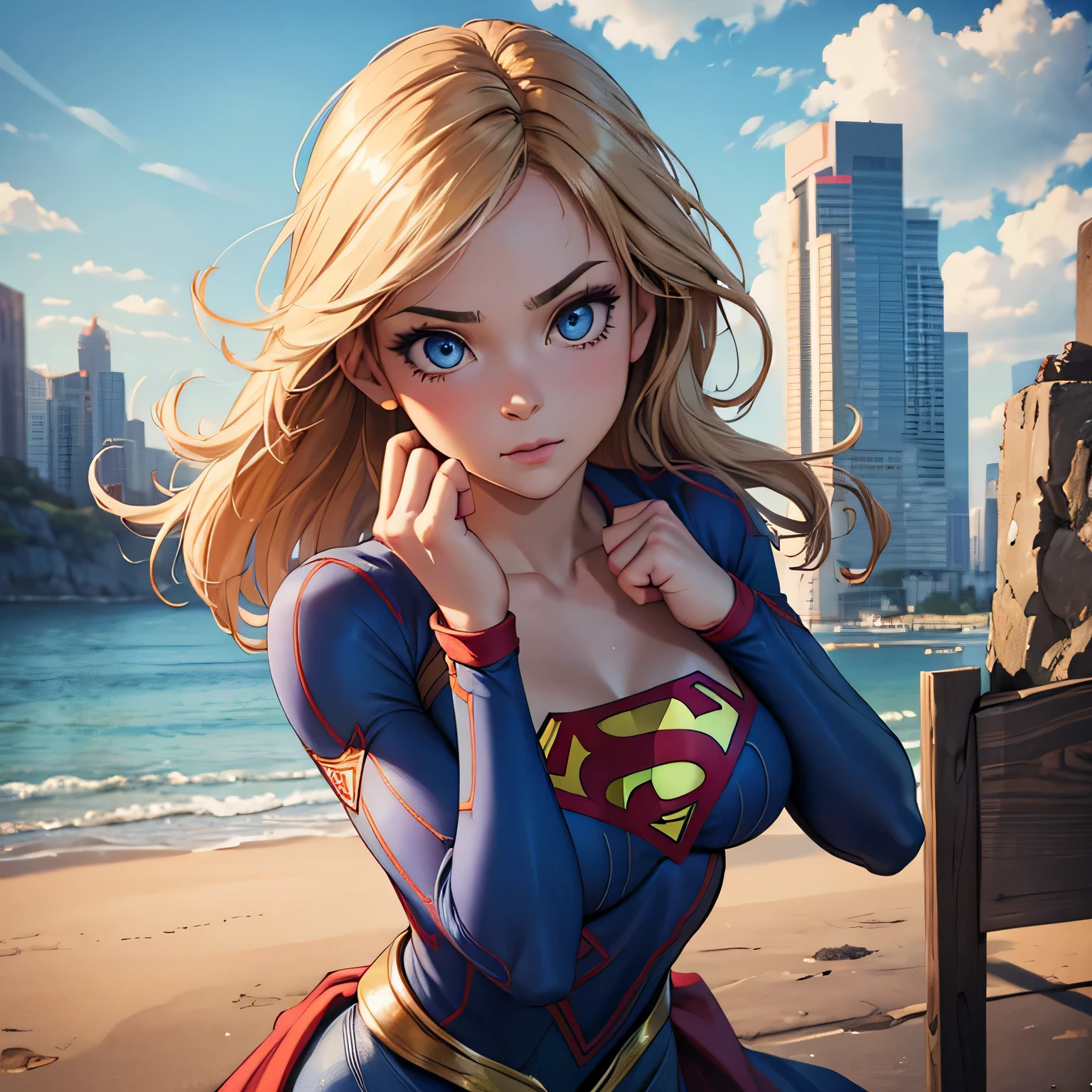 best quality, ultra-detailed, masterpiece, fine details, high res, 8k wallpaper, best quality, highres, cowboy shot, supergirl, spaghetti strap top, dynamic action, flying, doing superhero stuff, superhero, beautiful girl, woman, solo, fly, sky, cloudy sky, (cute:1.3), realistic, (cute), (detailed face), detailed eyes, detailed iris, detailed skin, masterpiece, professional photoshoot, perfect face, spaghetti strap top
