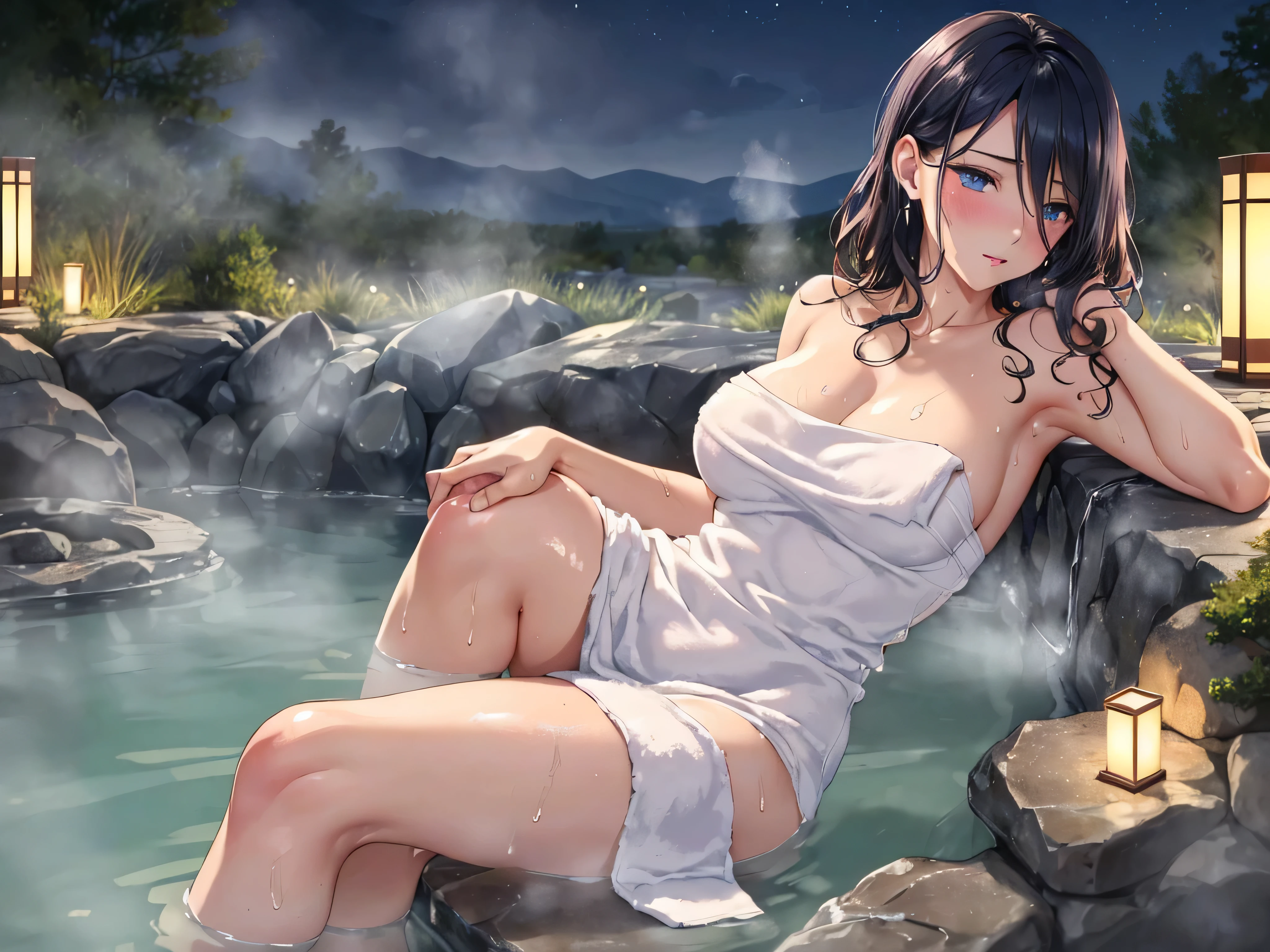 (((ultra high definition))), masterpiece, best quality, 8K, Accurate description, Carefully painted, Meticulous details, ((Open-air hot spring in Japan at night, Large old hot spring pond, Hot springs, steam)), a girl, White skin, perfect face, (Brown, Technical perms and dyeing, wet, Extra long curly hair), ((cute look)), Detailed depiction of facial features, blue shining eyes, long eyelashes, double eyelids, 有Sweat, pink moist shiny lips, Shiny earrings, Close your eyes and enjoy, blush, ((Mature and natural figure)), Beautiful body, perfect body structure, small breasts, side boob, ((bath towel)), seductive cleavage, Sweat, (Take a rest when you are tired), (Perfectly detailed hand-drawn renderings), (Slender smooth legs), perfect feet, soft side light, perfect composition, ((bust)), Rich environmental details, dim environment,