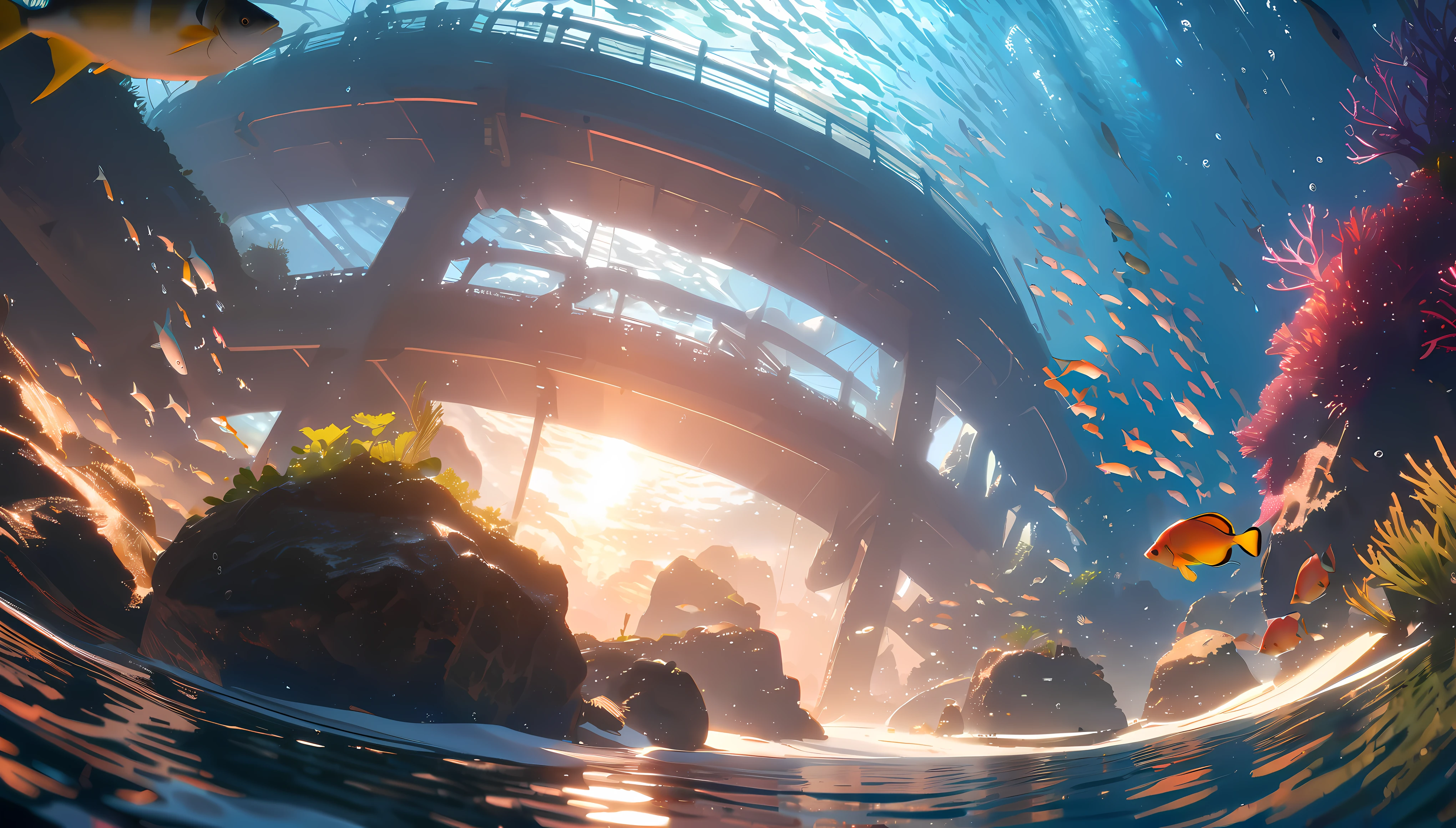  underwater, coral reaf, a lot of fish, jellyfishes, sun rays, close to an island, ray tracing, from below, wide shot, UHD, masterpiece, 8k, highres, best quality, award winning, super detail, high quality