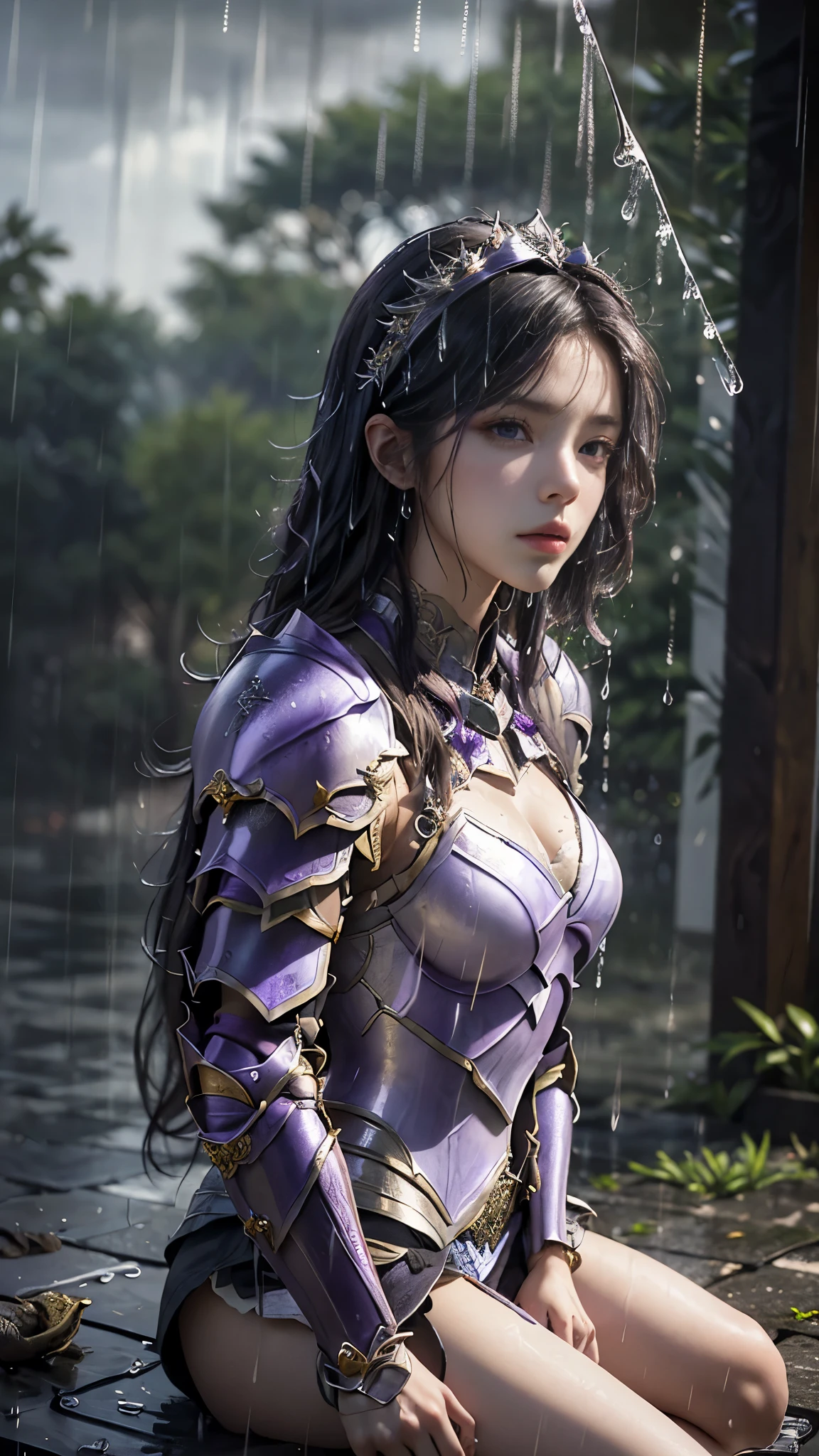 a woman in a purple armor, realistic Art Station, (hard raining:1.5), Detailed Fantasy Art, Stunning Character Art, beautiful Exquisite Character Art, Beautiful (purple Armor:1.8), Extremely Detailed, Exquisite Intricate Headdress and Jewellery, perfect body, sitting,