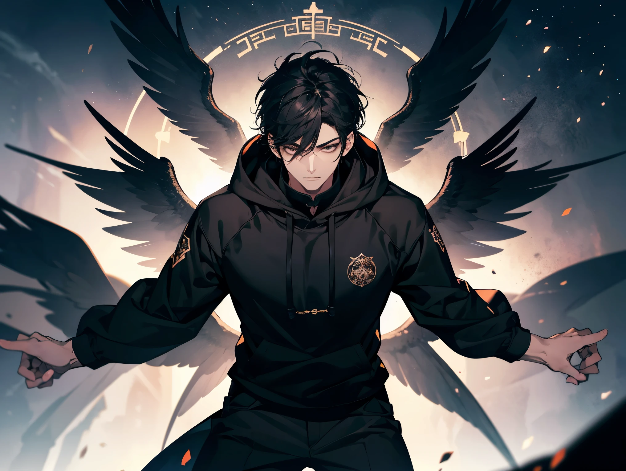 1 buff man, teacher, wearing a black hoodie, long black pants, black hair, short hair, face to detail, detailed eyes, black eyes, black crown floating over his head, black angel wings, the background is space in china