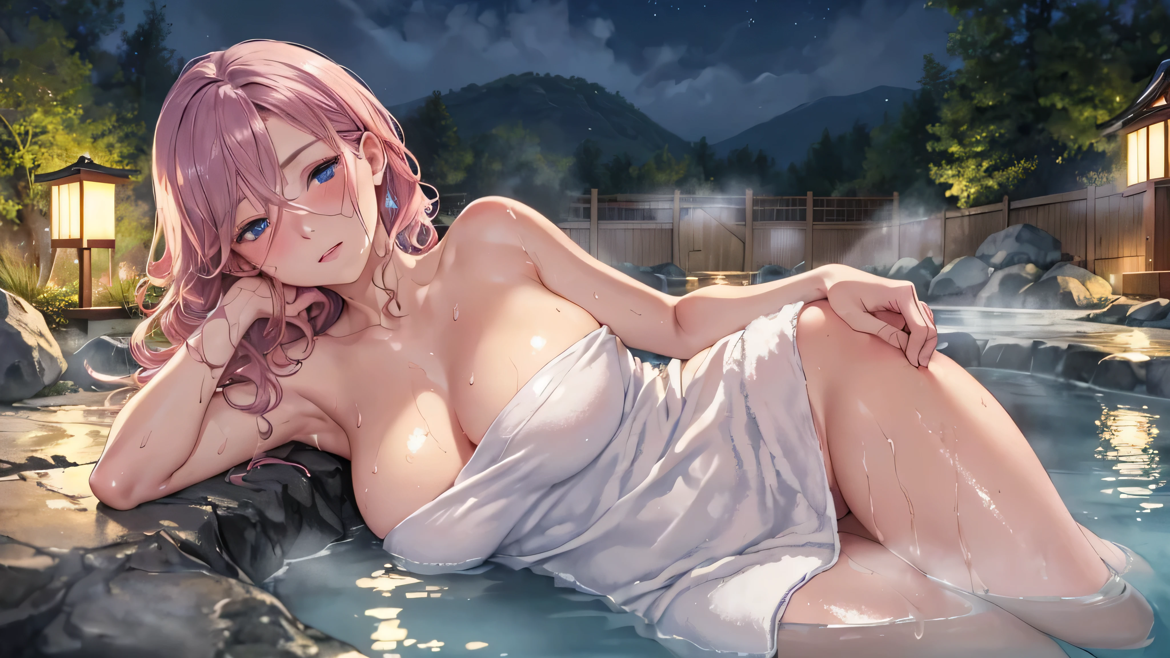 (((ultra high definition))), masterpiece, best quality, 8K, Accurate description, Carefully painted, Meticulous details, ((Open-air hot spring in Japan at night, Large old hot spring pond, Hot springs, steam)), a girl, White skin, perfect face, (Brown, Technical perms and dyeing, wet, Extra long curly hair), ((cute look)), Detailed depiction of facial features, blue shining eyes, long eyelashes, double eyelids, 有Sweat, pink moist shiny lips, Shiny earrings, Close your eyes and enjoy, blush, ((Mature and natural figure)), Beautiful body, perfect body structure, small breasts, side boob, ((bath towel)), seductive cleavage, Sweat, (Take a rest when you are tired), (Perfectly detailed hand-drawn renderings), soft side light, perfect composition, ((bust)), Rich environmental details, dim environment, 