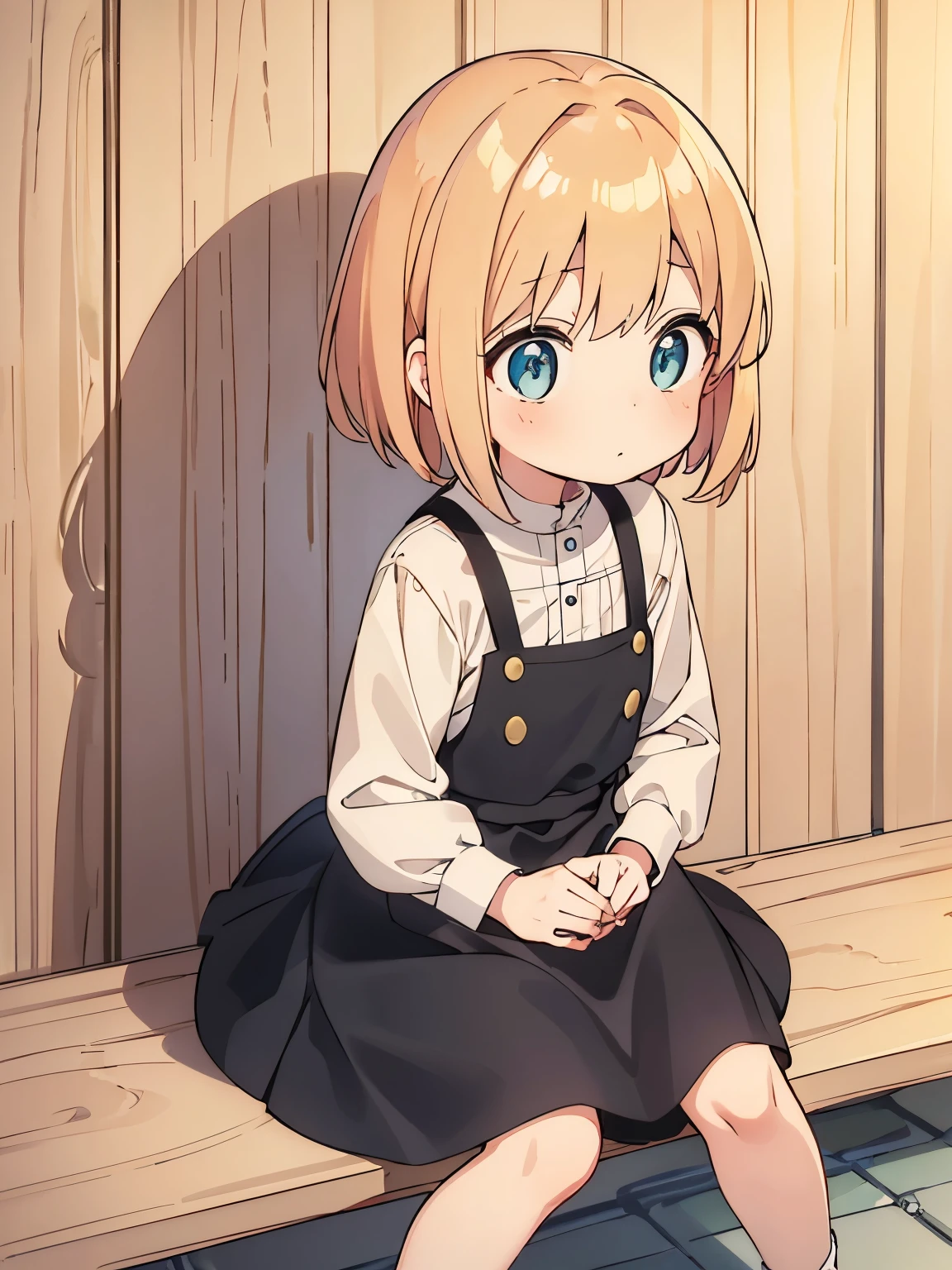 1girl,6 years old,Walking, Sitting eating,blonde hair, yelow hair,blonde hair,blue eyes, wearing a cute dress, very cute, very short hair, side bangs,ultra detail, ultra HD