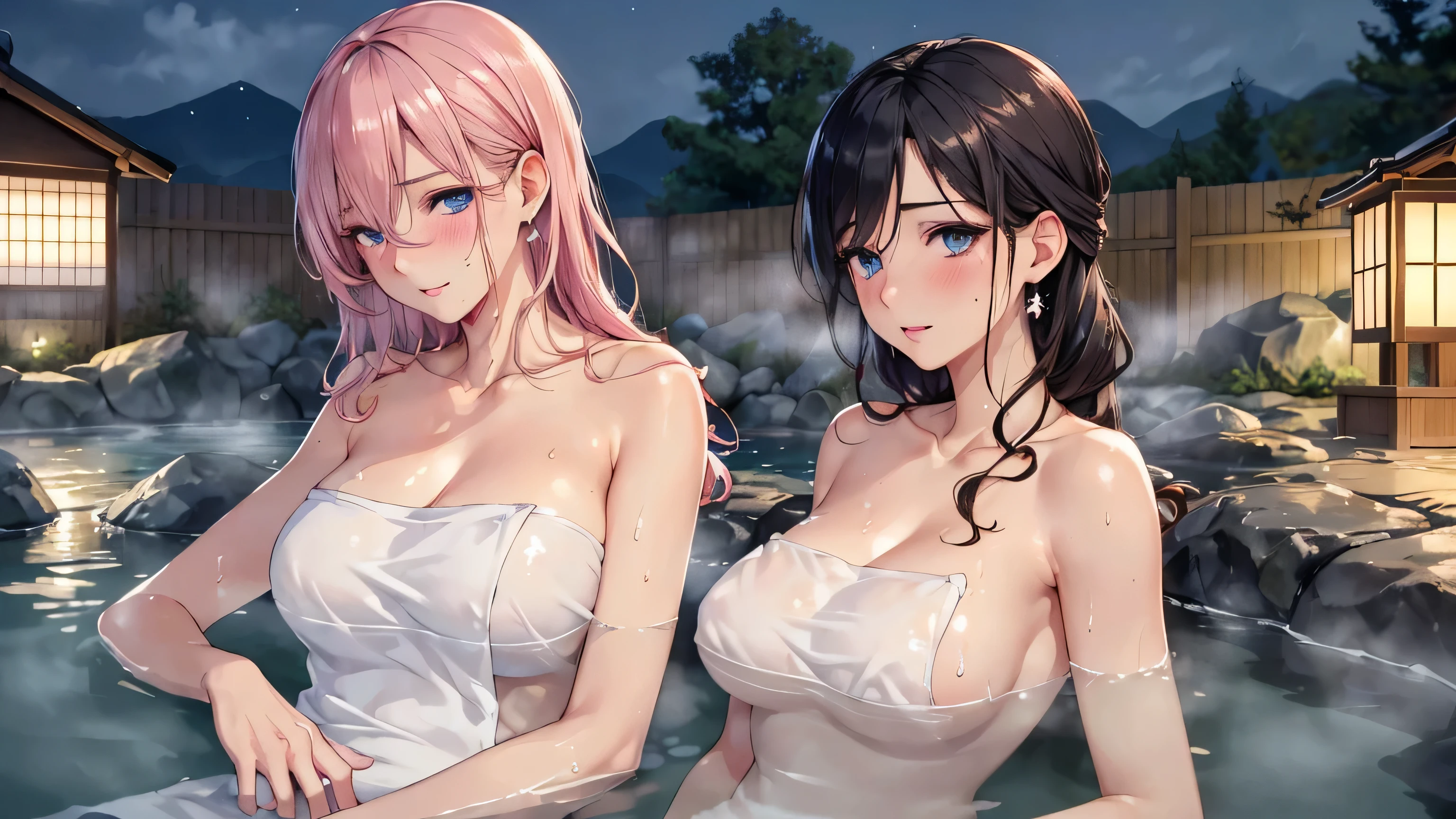 (((ultra high definition))), masterpiece, best quality, 8K, Accurate description, Carefully painted, Meticulous details, ((Open-air hot spring in Japan at night, Large old hot spring pond, Hot springs, steam)), a girl, White skin, perfect face, (Brown, Technical perms and dyeing, wet, Extra long curly hair), ((cute look)), Detailed depiction of facial features, blue shining eyes, long eyelashes, double eyelids, 有Sweat, pink moist shiny lips, Shiny earrings, Close your eyes and enjoy, blush, ((Mature and natural figure)), Beautiful body, perfect body structure, small breasts, side boob, ((bath towel)), seductive cleavage, Sweat, (Take a rest when you are tired), (Perfectly detailed hand-drawn renderings), soft side light, perfect composition, ((bust)), Rich environmental details, dim environment,