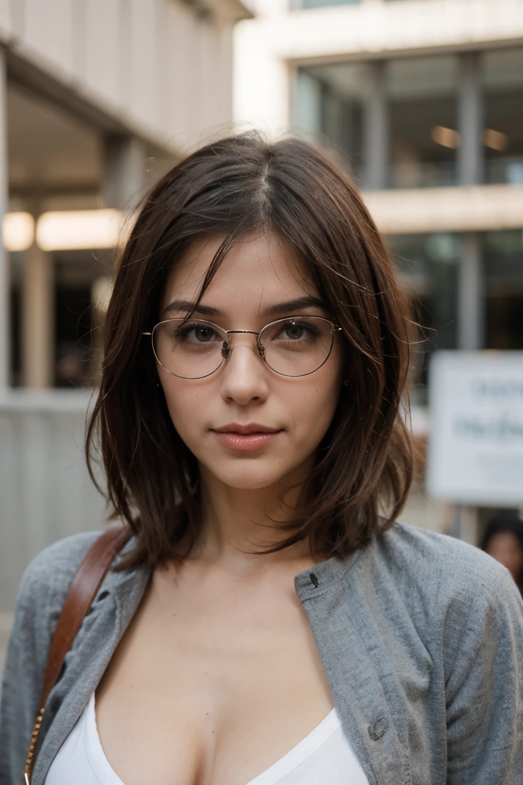Mulher de cabelos castanhos usando oculos de grau em um ambiente de trabalho