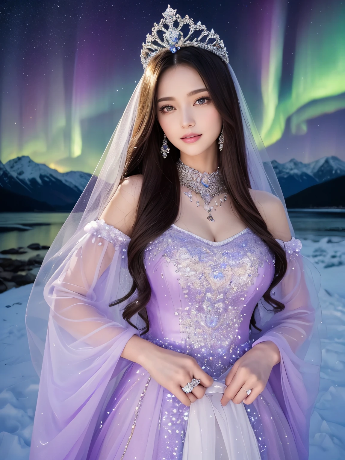 (masterpiece、best quality、Best image quality、8 thousand、winning photo)、one goddesost extravagant, sparkling, luxury giant costume:1.1)、(The most luxurious and best quality giant tiara:1.1)、(The most luxurious and best quality giant necklace:1.1)、(High-end goddess costume with beautiful white and purple gradient:1.2)、(Goddess costume featuring the finest decorations in white and purple:1.1)、(High-end goddess costume with perfect white and purple gradient:1.1)、Upper body photo、(The best smile that looks at me:1.2)、Beautiful transparent sleeves of the best quality、(Premium transparent sleeve with jewel embellishments:1.1)、expose one'shoulder、standing gracefully、The most complex and luxurious decoration、(Lots of jewelry decoration:1.1)、The most complex and detailed background、(that'It's snowing:1.1)、fine sparkling snow、(Diamond Dust:1.1)、(Tyndall effect:1.1)、(The beautiful Aurora is spread across the sky.:1.3)、Subtle sparkling snow、beautiful snow scene、(Beautifully shining starry sky:1.1)、(Great cinematic lighting:1.1)、(Beautiful snow-capped mountains in the distance:1.1)、(Landscape with vast beautiful snow-capped mountains and lakes in the background:1.1)、Black-brown hair、perfect makeup、long eyelashes、Beautiful eyeshadow、(precisely anatomy:1.1)