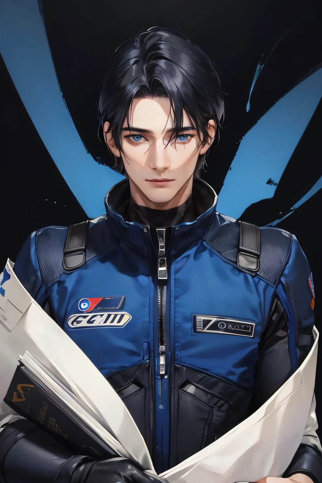 cover for a book, photography of a sexy astronaut man, a solo man, (((man))), (masculine face), 25 years old, aerospace engineer, big bad boy, (blue eyes), expressive look, black messy hair, (((dark background))), shine hair, unshaven, EVA suit, blue stars, super detailed face, perfect body, perfect shapes, realistic image, award winning photography, 8k,
