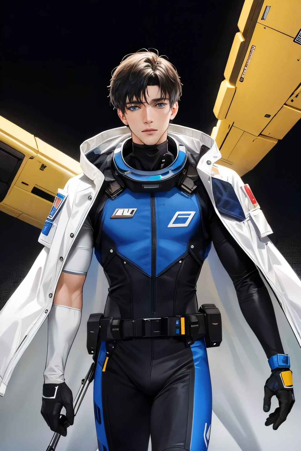 cover for a book, photography of a sexy astronaut man, a solo man, (((man))), (masculine face), 25 years old, aerospace engineer, big bad boy, (blue eyes), expressive look, black messy hair, (((dark background))), shine hair, unshaven, EVA suit, blue stars, super detailed face, perfect body, perfect shapes, realistic image, award winning photography, 8k,