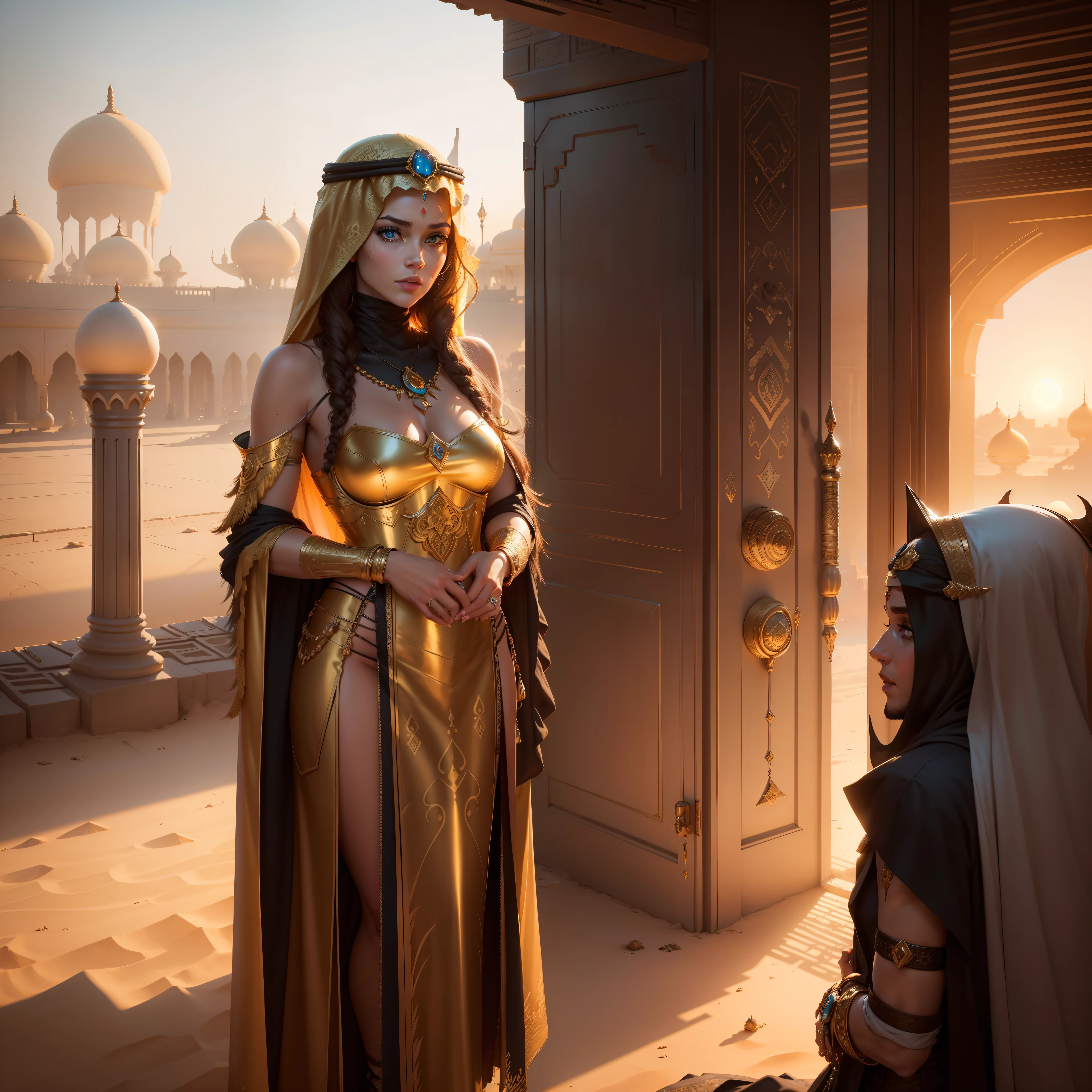 Photo of (arabian princess:1.5) Packed hall standing in the background々and衣装を着て (Cyberpunk Desert:1.3), (Exotic Royal Palace:1.5) and (sunset sky:1.2). In a complex hijab, Long vest in jewelry with gold embroidery, detailed face and eyes, (very detailed:1.4), 8K, realistic, (long dark brown hair:1.2), (young woman:1.1), Written by Jeremy Mann, Written by Sandra Chevrier, Written by Maciej Cuchara, (shadows and highlights:1.3), True Shadow, 。.3D, (golden hour lighting:1.3), (by Michelangelo:0.9), Art stations and deviations, Greg Rutkowski and Alphonse Much