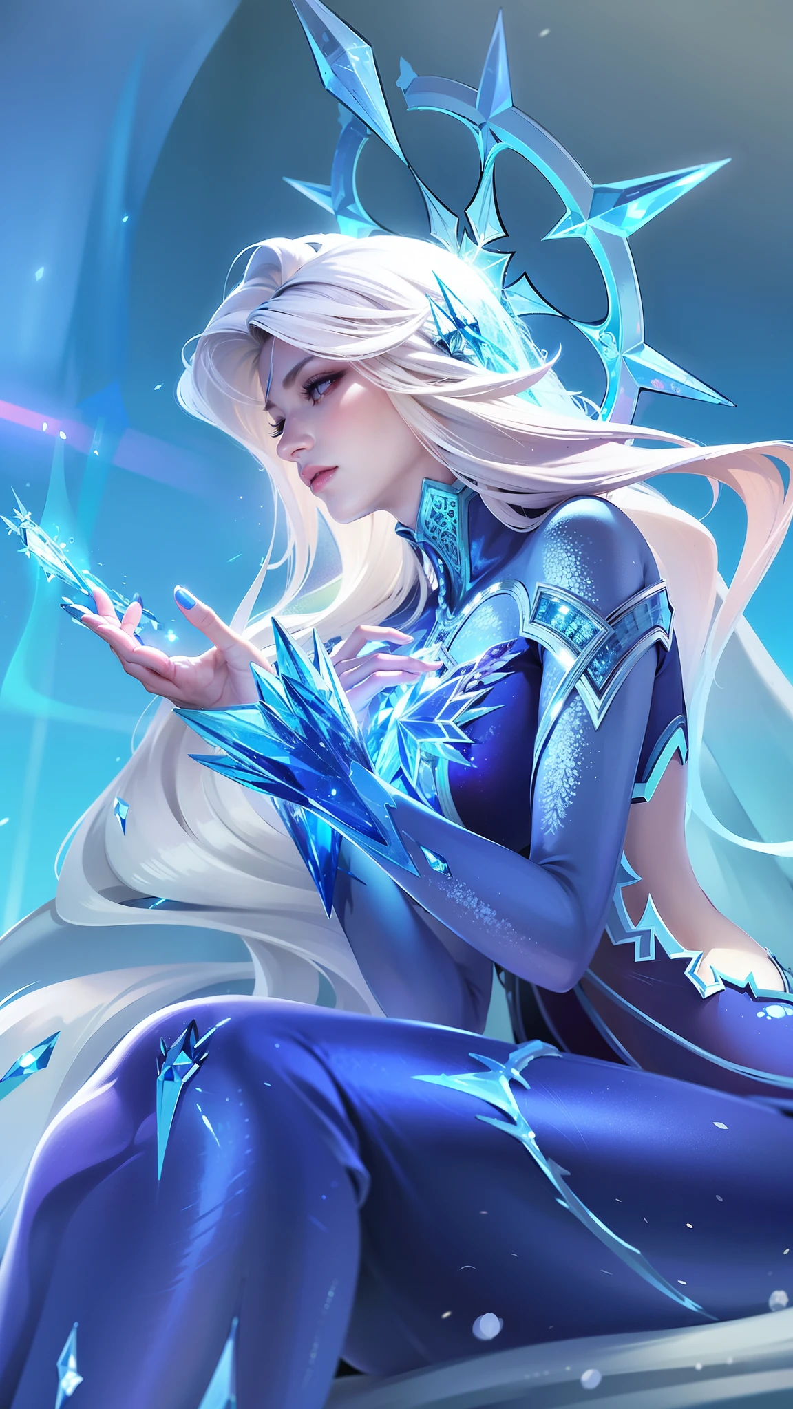 (female:1.2), 8k, ultra hd, ultra detailed texture, hyper realistic, masterpiece, detailed texture, detailed face, detailed skin, detailed lighting, (photorealistic:1.5), best quality, beautiful lighting, cinematic lighting, professional lighting, ultra highres, realistic, detailed hair, real hair, high quality, (realskin:1.5), extremely detailed, finely detail, ultra-detailed, red lips, long hair, white hair, aurora \(mobile legends\), depth of field, looking aways, white skin, skin tight, amazing pose, outdoors, glowing, there is a woman sitting on a rock with a crystal in her hand, ice sorceress, queen of ice and storm, ice mage, ice queen, crystalline skin, beautiful ancient frost witch, ice spell, goddess of winter, beautiful celestial mage, crystal maiden