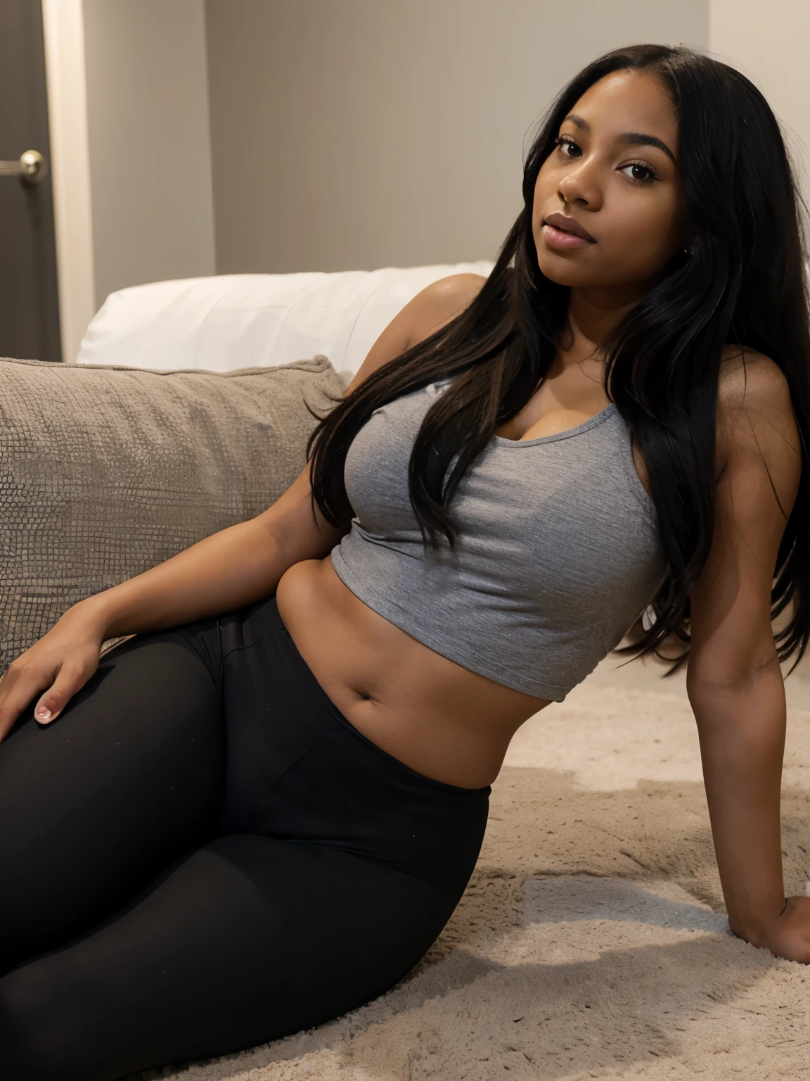 Mixed black ethnicity, curvy girl ,wearing short leggings , long hair , laying on