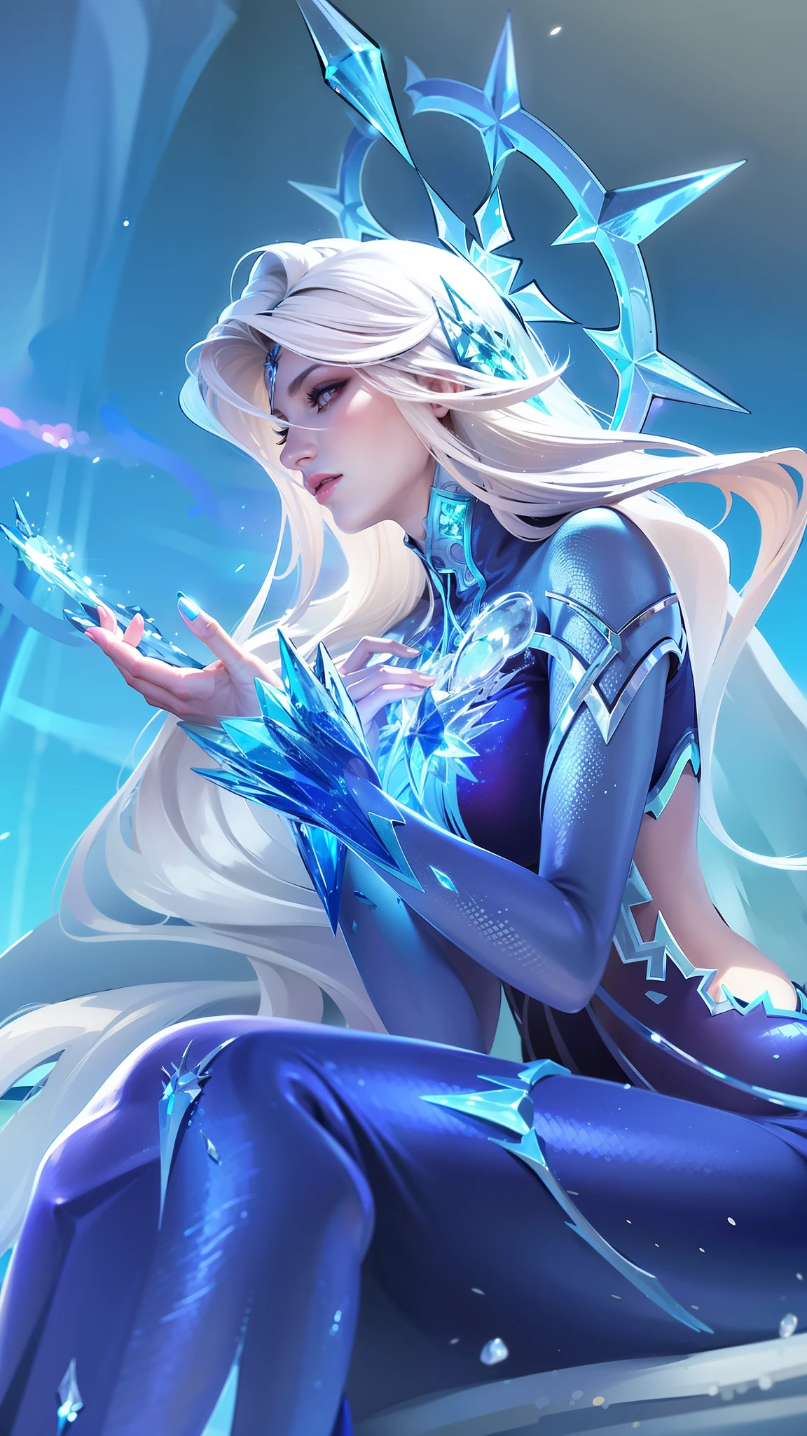 (female:1.2), 8k, ultra hd, ultra detailed texture, hyper realistic, masterpiece, detailed texture, detailed face, detailed skin, detailed lighting, (photorealistic:1.5), best quality, beautiful lighting, cinematic lighting, professional lighting, ultra highres, realistic, detailed hair, real hair, high quality, (realskin:1.5), extremely detailed, finely detail, ultra-detailed, red lips, long hair, white hair, aurora \(mobile legends\), depth of field, looking aways, white skin, skin tight, amazing pose, outdoors, glowing, there is a woman sitting on a rock with a crystal in her hand, ice sorceress, queen of ice and storm, ice mage, ice queen, crystalline skin, beautiful ancient frost witch, ice spell, goddess of winter, beautiful celestial mage, crystal maiden
