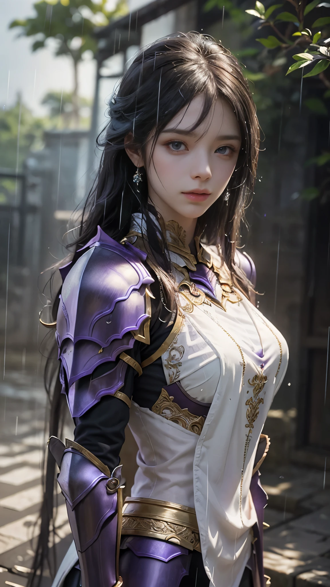 a woman in a purple armor, realistic Art Station, (hard raining:1.5), Detailed Fantasy Art, Stunning Character Art, beautiful Exquisite Character Art, Beautiful (purple Armor:1.8), Extremely Detailed, Exquisite Intricate Headdress and Jewellery, perfect body,