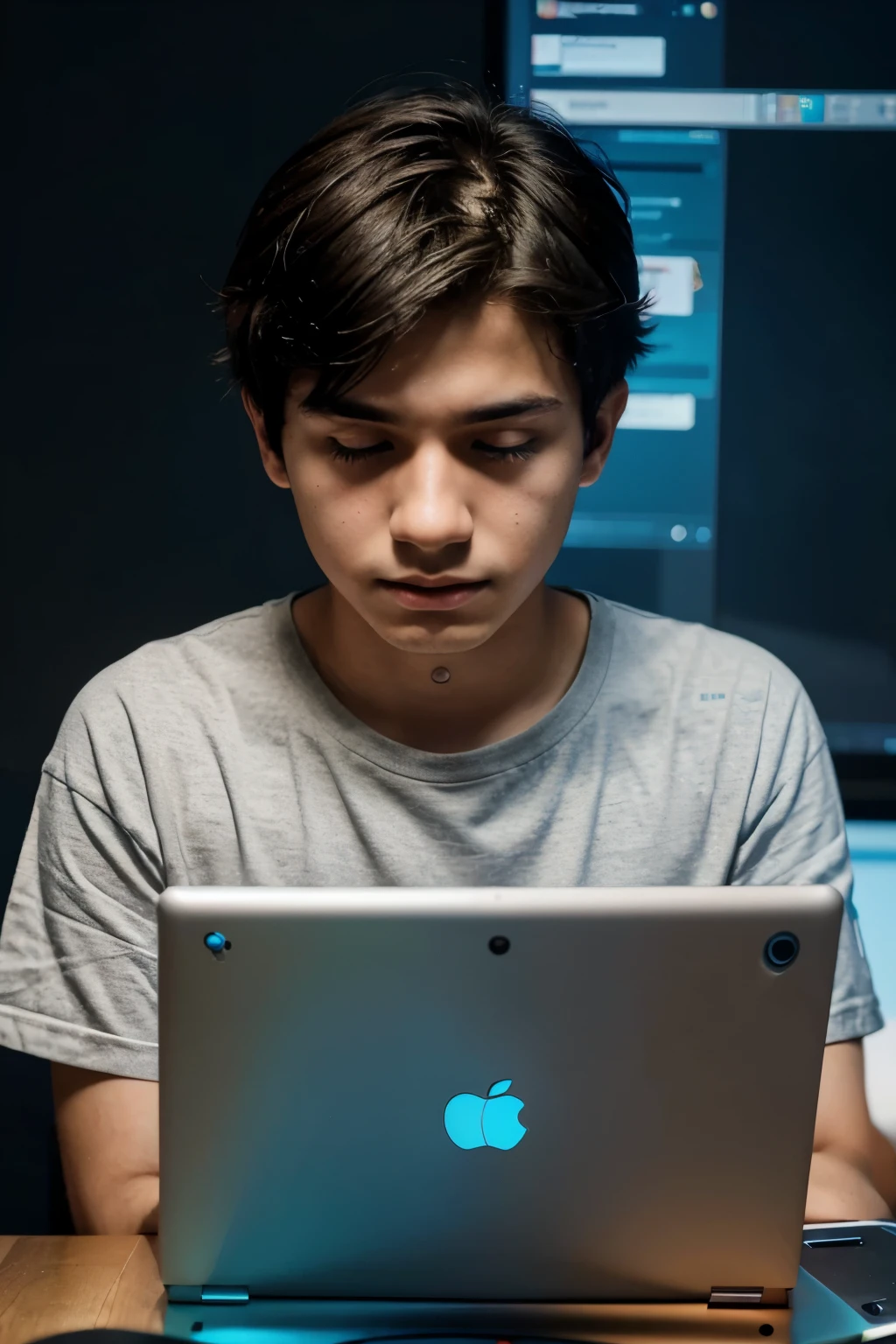 a concentrated cartoon boy of age 20 facing only his laptop coding coding. multi- beautiful colors of it. make look like AI generated