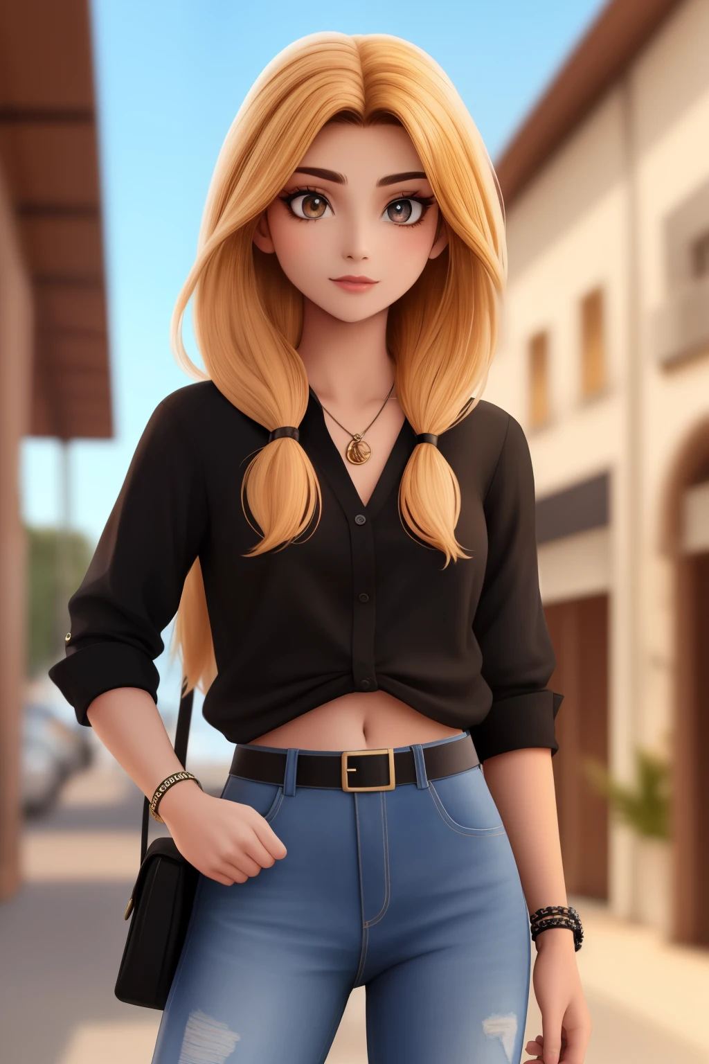 Olhos castanhos claros, cabelo preto, camisa roxa, saia jeans, in accessories.
