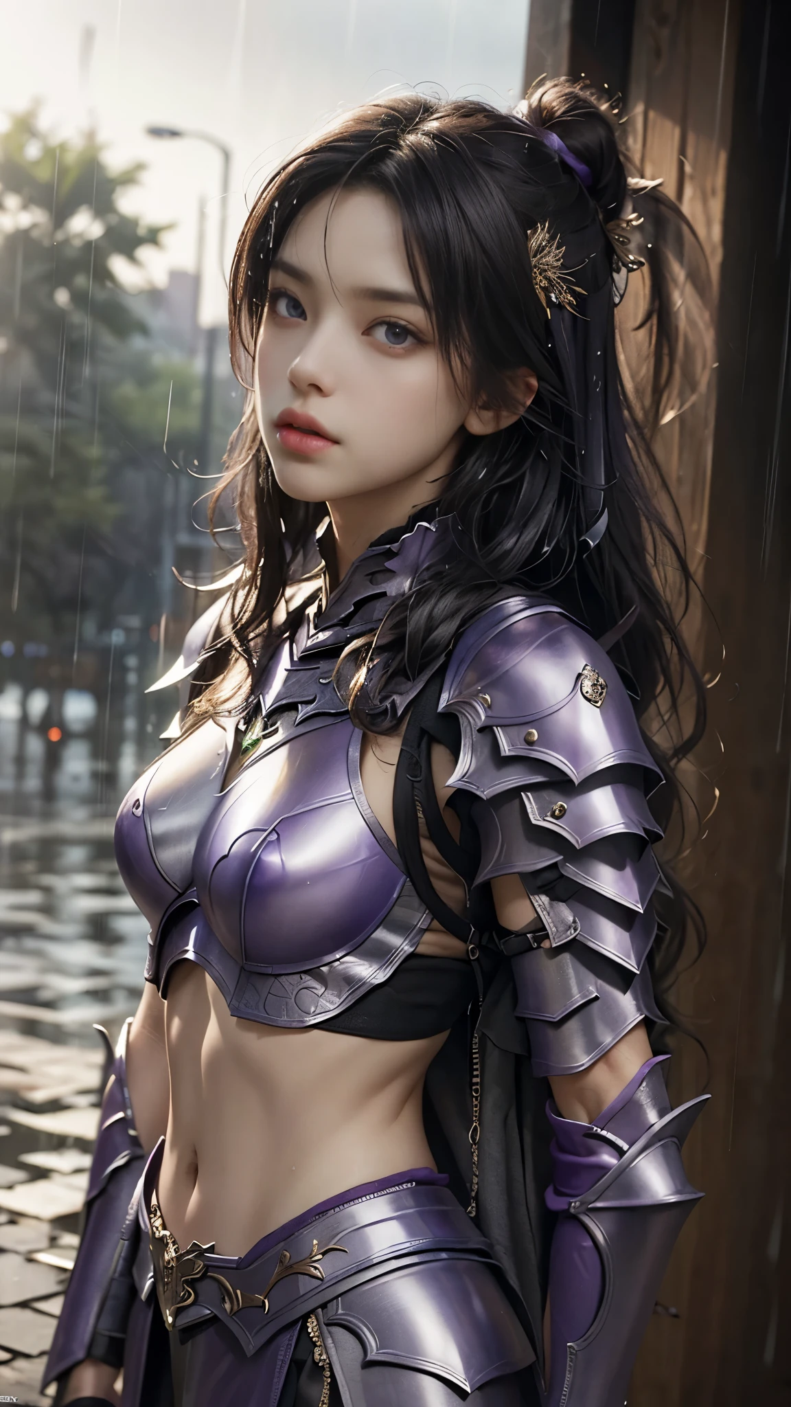a woman in a purple armor, realistic Art Station, (hard raining:1.5), Detailed Fantasy Art, Stunning Character Art, beautiful Exquisite Character Art, Beautiful (purple Armor:1.8), Extremely Detailed, Exquisite Intricate Headdress and Jewellery, perfect body,