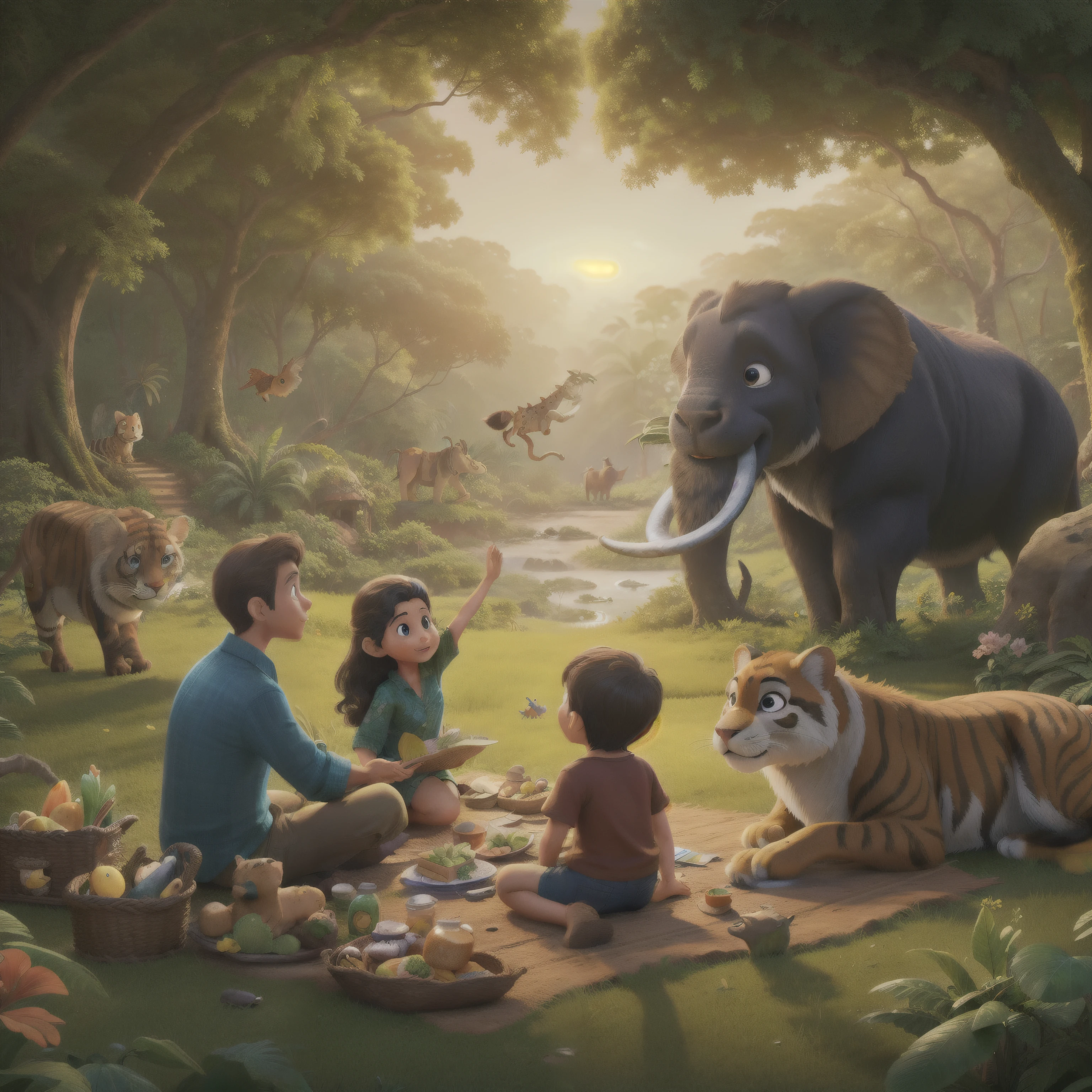 araffes and a family are having a picnic in the jungle, filled with fauna, forest picnic,  in jungles, children book illustration, 3 d epic illustrations, story book illustration, epic full color illustration, photorealistic disney, children’s book illustration, children's book illustration, childrenbook illustration, childrens art in artstation, in a jungle environment, realistic scene