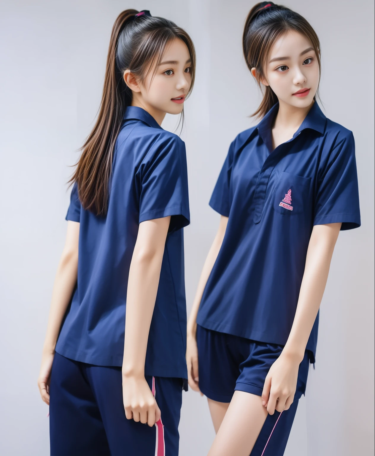 (best quality,10,10,height,Masterpiece:1.2),Special details,(realistic,ภาพrealistic,Realistic photos:1.37),1 Cute girl in the kitchen,shiny, ผิวshiny,only,smile softly,BDclothelue shirt:1.3)),short sleeve,shirt, กางเกงขาlong.,(navy_long_track pants:1.1), ((Kitchen Background)),Dynamic angle,excited,Face focus,dynamic poses,from behind,focus on ass,Masterpiece, best quality, ultra realistic, Too many details, 8k resolution, raw photos, Sharp focus, ((Navy blue shirt:1.1)), short sleeve, เส้นทางlong, perfect body, 2 mature women, 18 years old, Cinema-grade lighting system,blue sweatpants,shirtผ้าออกกำลังกาย,correct anatomy,perfect body, correct body, Sharp face, correct bodyทางกายวิภาค, full body, realistic gestures, long-haired, realistic poses,Wear long shorts...........................,ช่วงขาlong,Good shape,carved girl, Slender figure, model, Good shape, beautiful body,blue sweatpants, two girls kissing