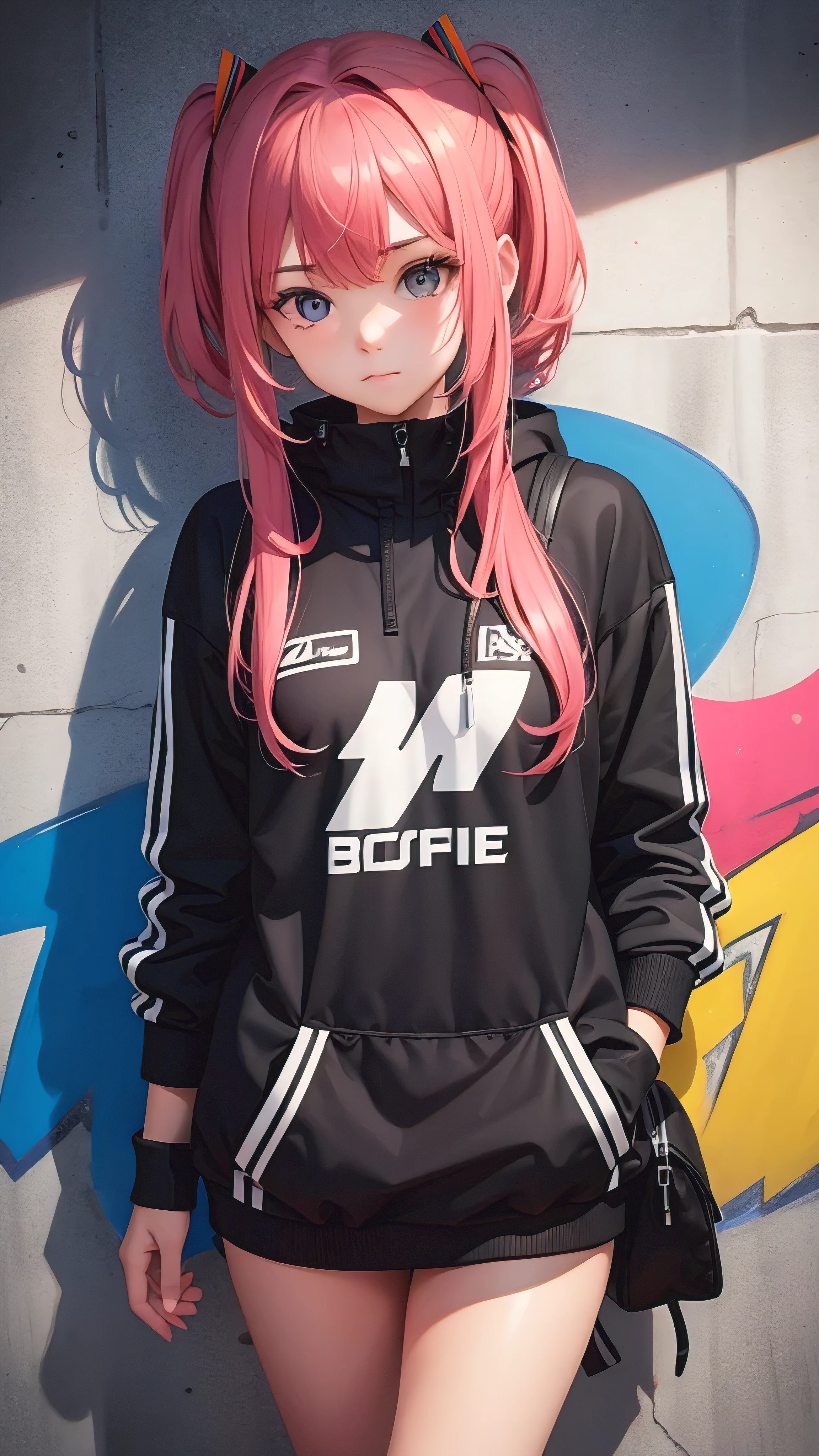 (Best quality), artwork, extremely detailed 8K CG uniform illustration, high color, extremely high color saturation, all colors deepened, paint, graffiti art, central composition, extremely detailed light and shadow, graffiti wall, wall painted bright, 1 girl graffiti 1 girl looking at the wall, extremely detailed face and eyes, medium length hair, Sportswear, colorful clouds