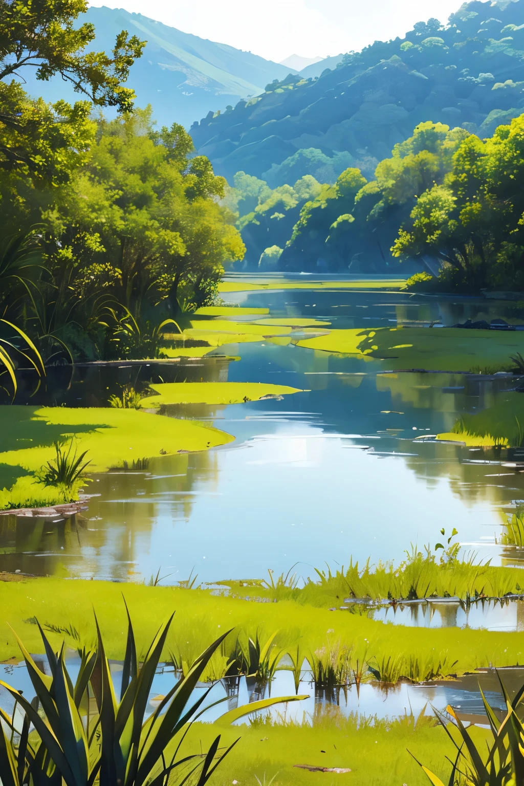 small freshwater marsh, flat and smooth with obscured channels and deep pools with plants and animals