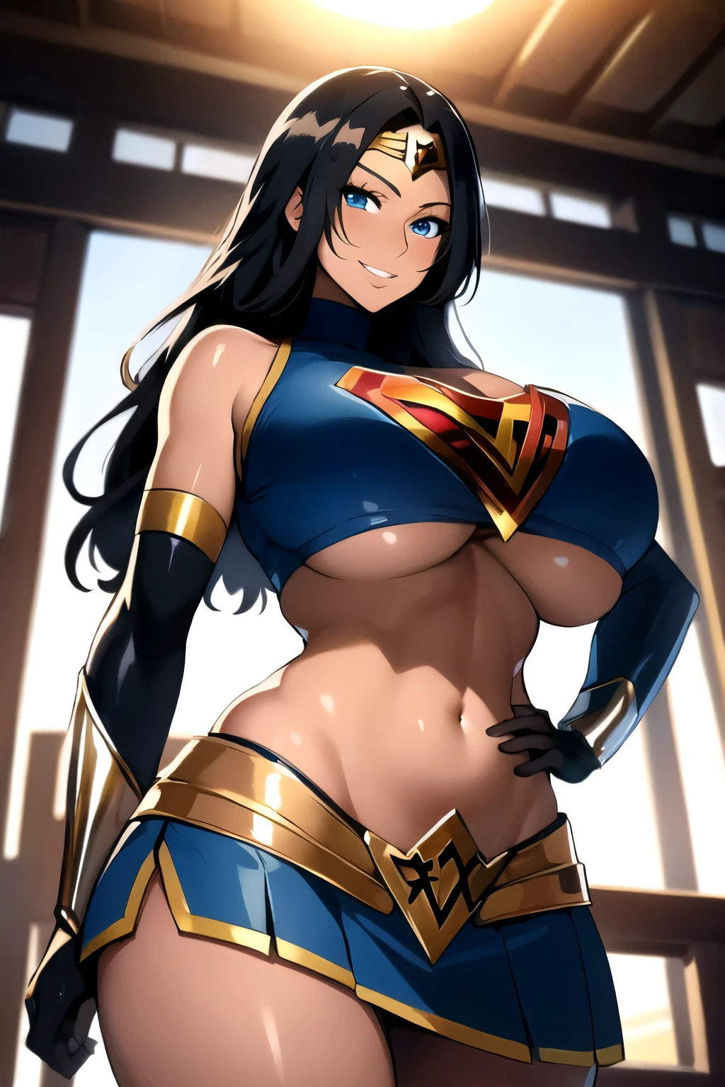 masterpiece, best quality, matsumoto rangiku, beautiful lighting, long hair, (Wonder Woman costume), crop top, mini skirt, turtleneck, gigantic breasts, underboob, standing, looking at viewer, blue eyes, smile, japanese architecture, cowboy shot, shiny skin, gigantic breasts, curvy, seductive smile, bare shoulders, elbow gloves, black hair ,((light dark skin: 1.4))