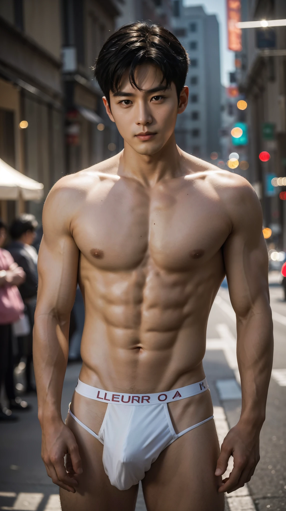 In the charming picture there is a handsome Korean Chinese man 35 years old with his beam., His charm radiated as he proudly showed off his sixpack in a full standing pose.. He wore a pastel sexy briefs, that highlighted his figure, He stood in the middle of outdoor street environment., colorful dust, holi festival, Bathed in the golden light of a beautiful day. With unparalleled attention to detail., This photorealistic portrait combines the style of National Geographic., Capture every detail of his textured skin in 8k resolution. Leica digital SLR camera. His features were clearly visible., From the deep-set eyes to the chiselled jawline., Make this image a true masterpiece..Lift. (8K UHD、RAW Photography、Photorealistic Portrait Leica Digital SLR、Lifelike images), big bulge,