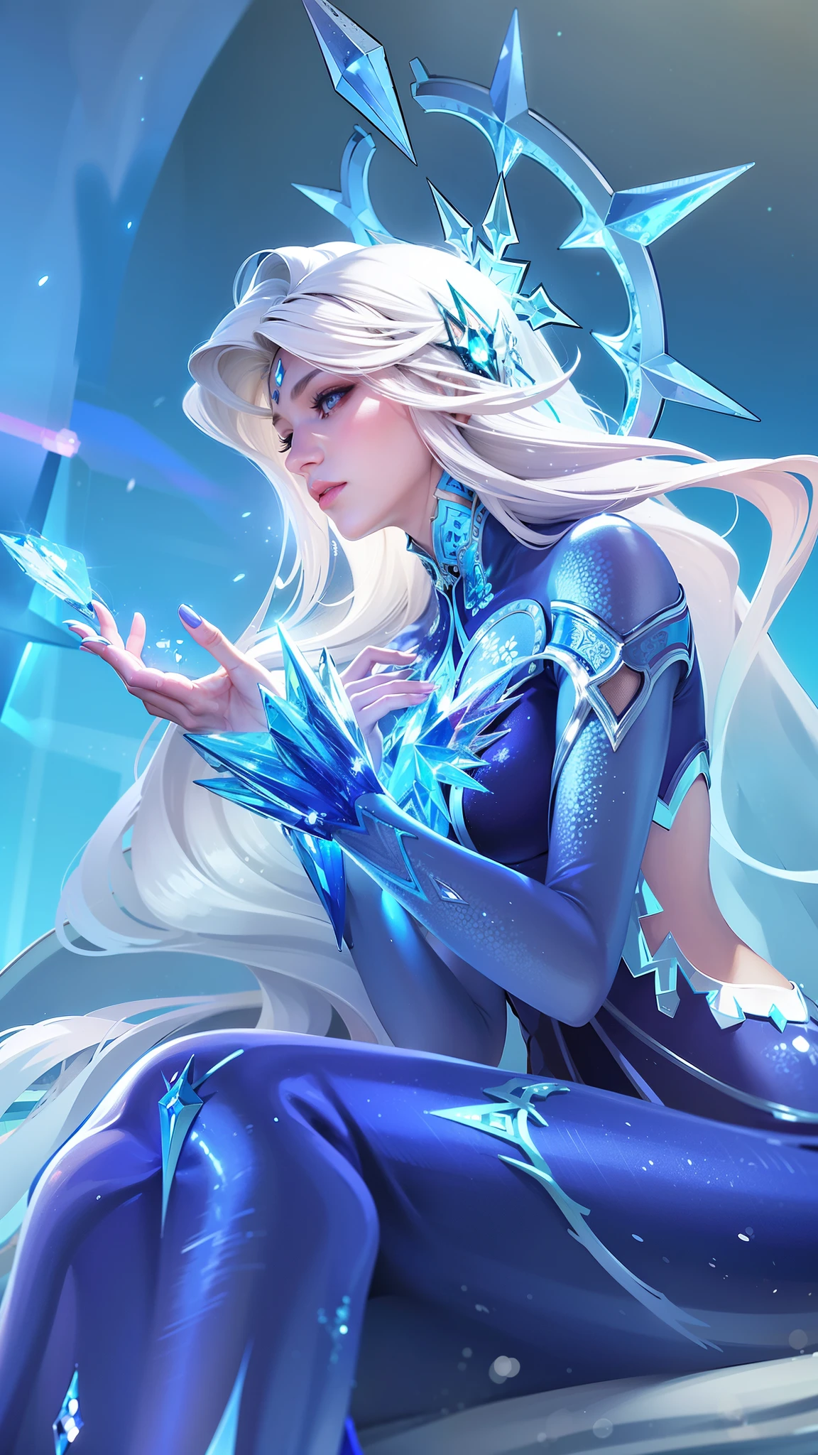 (female:1.2), 8k, ultra hd, ultra detailed texture, hyper realistic, masterpiece, detailed texture, detailed face, detailed skin, detailed lighting, (photorealistic:1.5), best quality, beautiful lighting, cinematic lighting, professional lighting, ultra highres, realistic, detailed hair, real hair, high quality, (realskin:1.5), extremely detailed, finely detail, ultra-detailed, red lips, long hair, white hair, aurora \(mobile legends\), depth of field, white skin, amazing pose, outdoors, glowing, there is a woman sitting on a rock with a crystal in her hand, ice sorceress, queen of ice and storm, ice mage, ice queen, crystalline skin, beautiful ancient frost witch, ice spell, goddess of winter, beautiful celestial mage, crystal maiden, blue eyes
