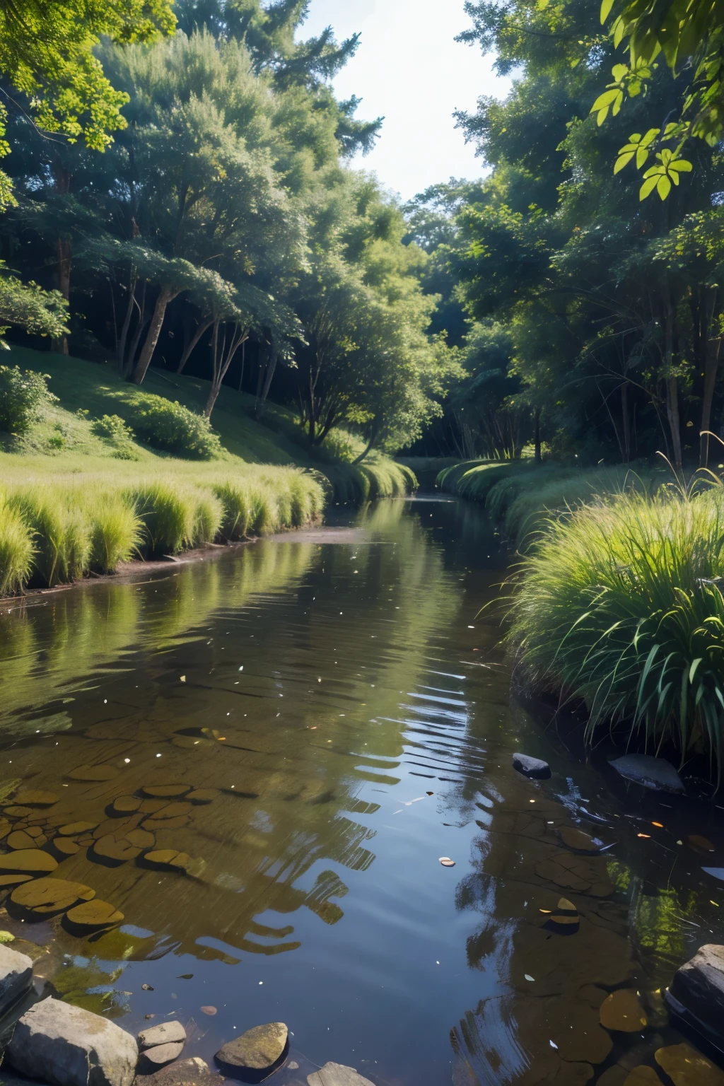 small freshwater marsh, flat and smooth with obscured channels and deep pools with plants and animals