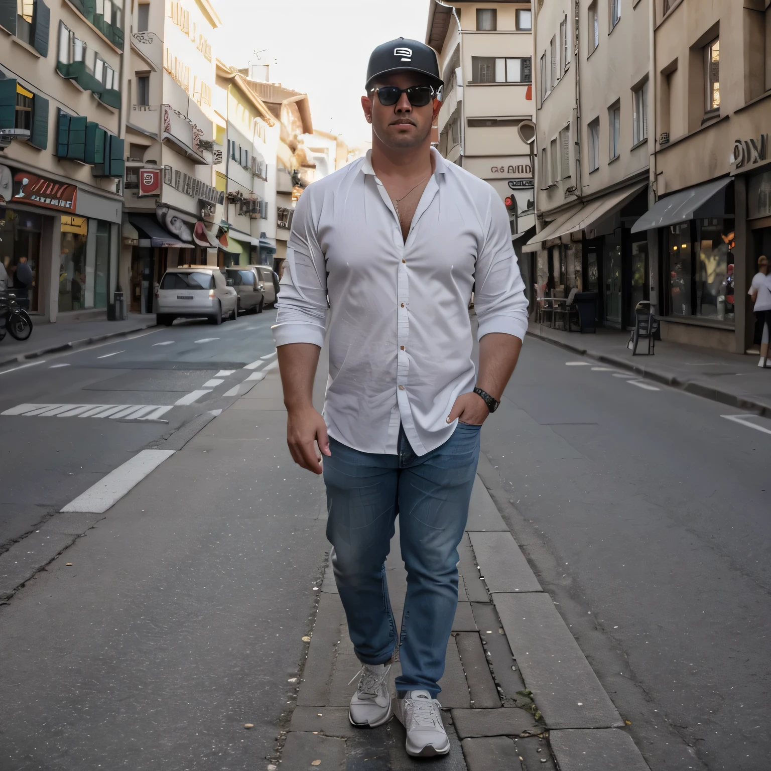 With baseball cap，fat，full-body shot，Strong，huge，swiss，Plain white button-down shirt，Wear sunglasses，street view