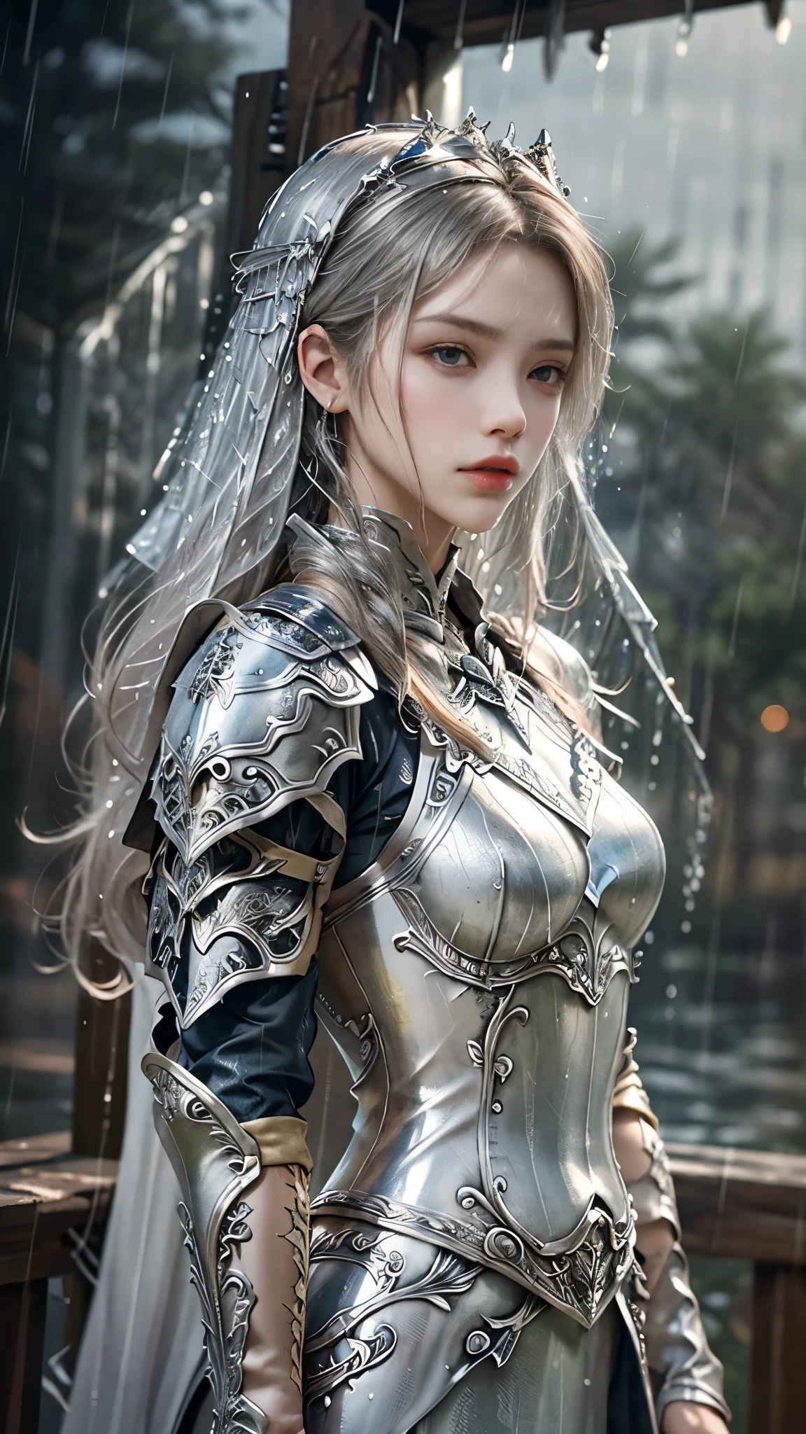 a woman in a silver armor, realistic Art Station, (hard raining:1.5), Detailed Fantasy Art, Stunning Character Art, beautiful Exquisite Character Art, Beautiful (silver Armor:1.8), Extremely Detailed, Exquisite Intricate Headdress and Jewellery, perfect body,