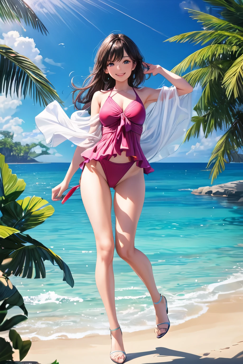 ((highest quality)), ((masterpiece)), (be familiar with), perfect face,High leg,Swimsuit,beautiful feet,beautiful legs,high heels,medium breasts,bright park,looking straight ahead,Are standing,legs open,smiling,I'm embarrassed,