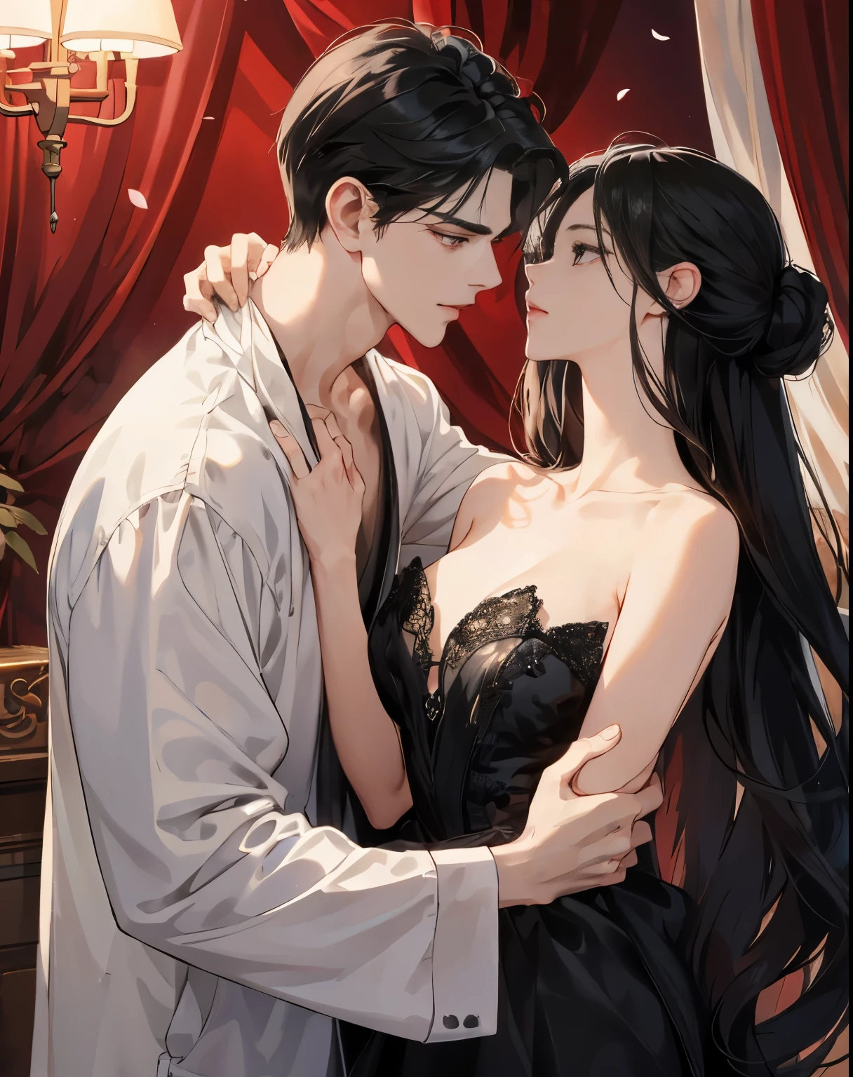 Masterpiece, best quality best, 8k, Highly detailed, Very detailed,of a handsome young man，Dressed in a classic black prince outfit.，long black hair。His face was very striking.，The expression is focused and gentle.，Look at the woman next to you.。The girl wore a beautiful red dress，Elegantly curled hairstyle，It revealed a slender collarbone and delicate ears.。Her lips opened slightly.，Feel a man&#39;s kiss。Their bodies were clinging together.，Tap lightly with both hands.。All bedrooms are bathed in warm light.，The curtains swayed gently.，nighttime，starry sky，petals，Looking from the front to the side，The man bowed his head.，kiss the girl gently，Their bodies trembled slightly.，Feel each other&#39;s breathing and heartbeat.。The whole picture is full of romance and affection.，Let people feel the charm and power of love.。