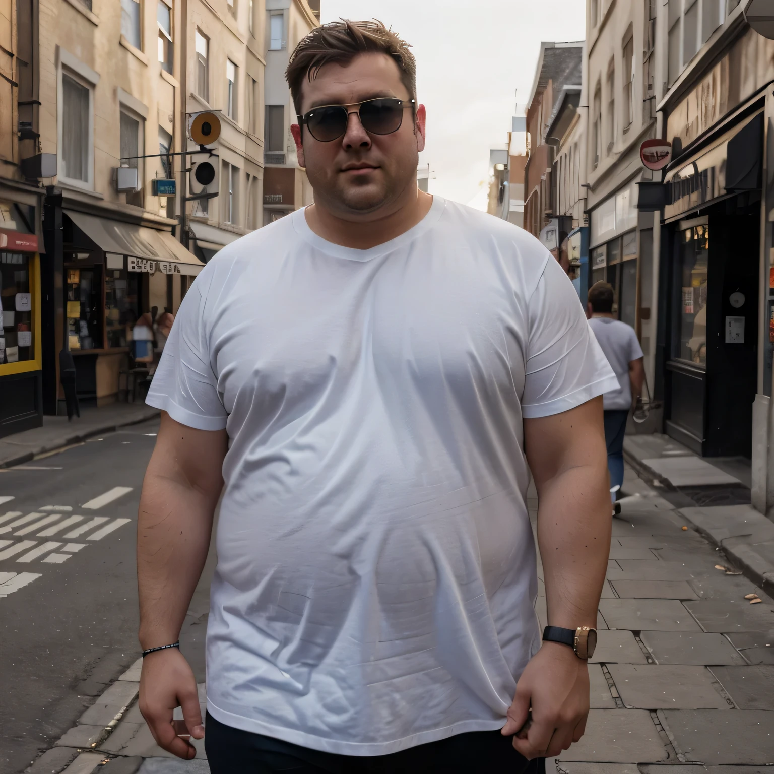 Back,fat,British men,Plain white T-shirt,loose,Wear sunglasses,street view,
