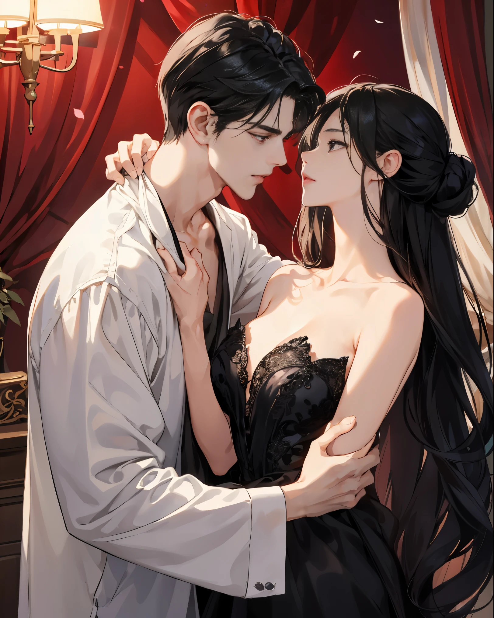 Masterpiece, best quality best, 8k, Highly detailed, Very detailed,of a handsome young man，Dressed in a classic black prince outfit.，long black hair。His face was very striking.，The expression is focused and gentle.，Look at the woman next to you.。The girl wore a beautiful red dress，Elegantly curled hairstyle，It revealed a slender collarbone and delicate ears.。Her lips opened slightly.，Feel a man&#39;s kiss。Their bodies were clinging together.，Tap lightly with both hands.。All bedrooms are bathed in warm light.，The curtains swayed gently.，nighttime，starry sky，petals，Looking from the front to the side，The man bowed his head.，kiss the girl gently，Their bodies trembled slightly.，Feel each other&#39;s breathing and heartbeat.。The whole picture is full of romance and affection.，Let people feel the charm and power of love.。