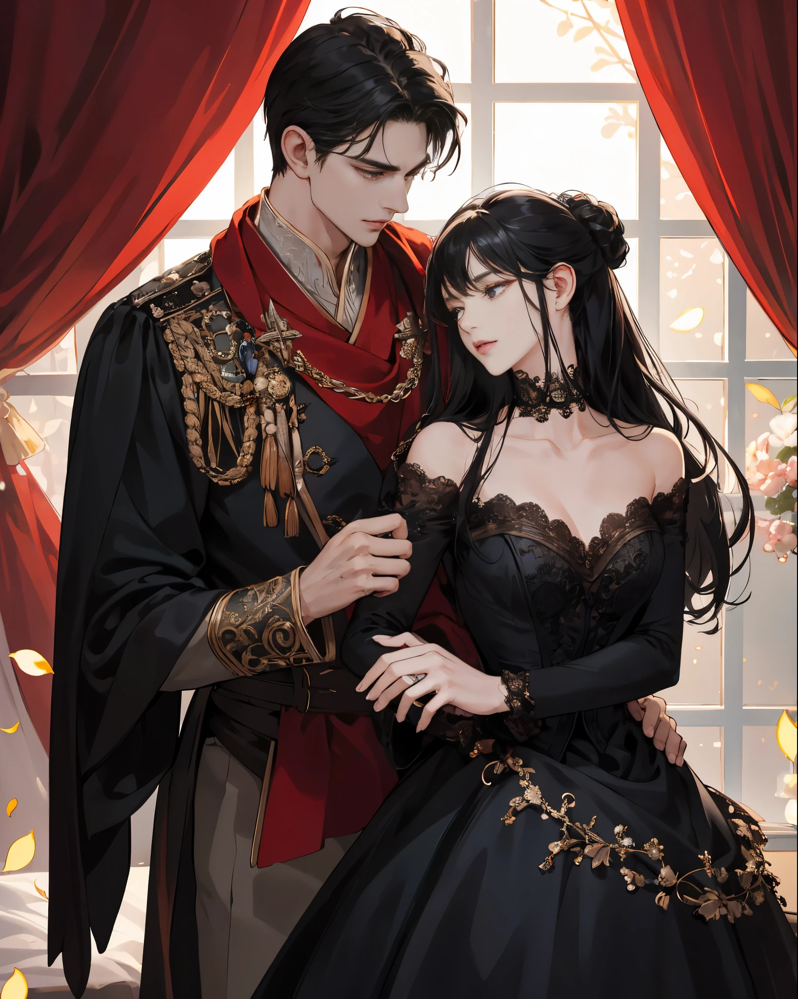 Masterpiece, best quality best, 8k, Highly detailed, Very detailed,of a handsome young man,Dressed in a classic black prince outfit.,long black hair。His face was very striking.,The expression is focused and gentle.,Look at the woman next to you.。The girl wore a beautiful red dress,Elegantly curled hairstyle,It revealed a slender collarbone and delicate ears.。Her lips opened slightly.,Feel a man's kiss。Their bodies were clinging together.,Tap lightly with both hands.。All bedrooms are bathed in warm light.,The curtains swayed gently.,nighttime,starry sky,petals,Looking from the front to the side,The man bowed his head.,kiss the girl gently,Their bodies trembled slightly.,Feel each other's breathing and heartbeat.。The whole picture is full of romance and affection.,Let people feel the charm and power of love.。