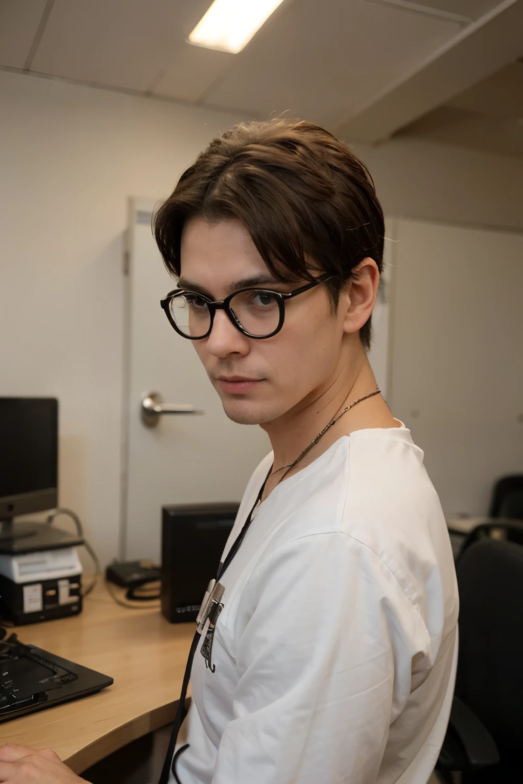 man wearing prescription glasses in a work environment