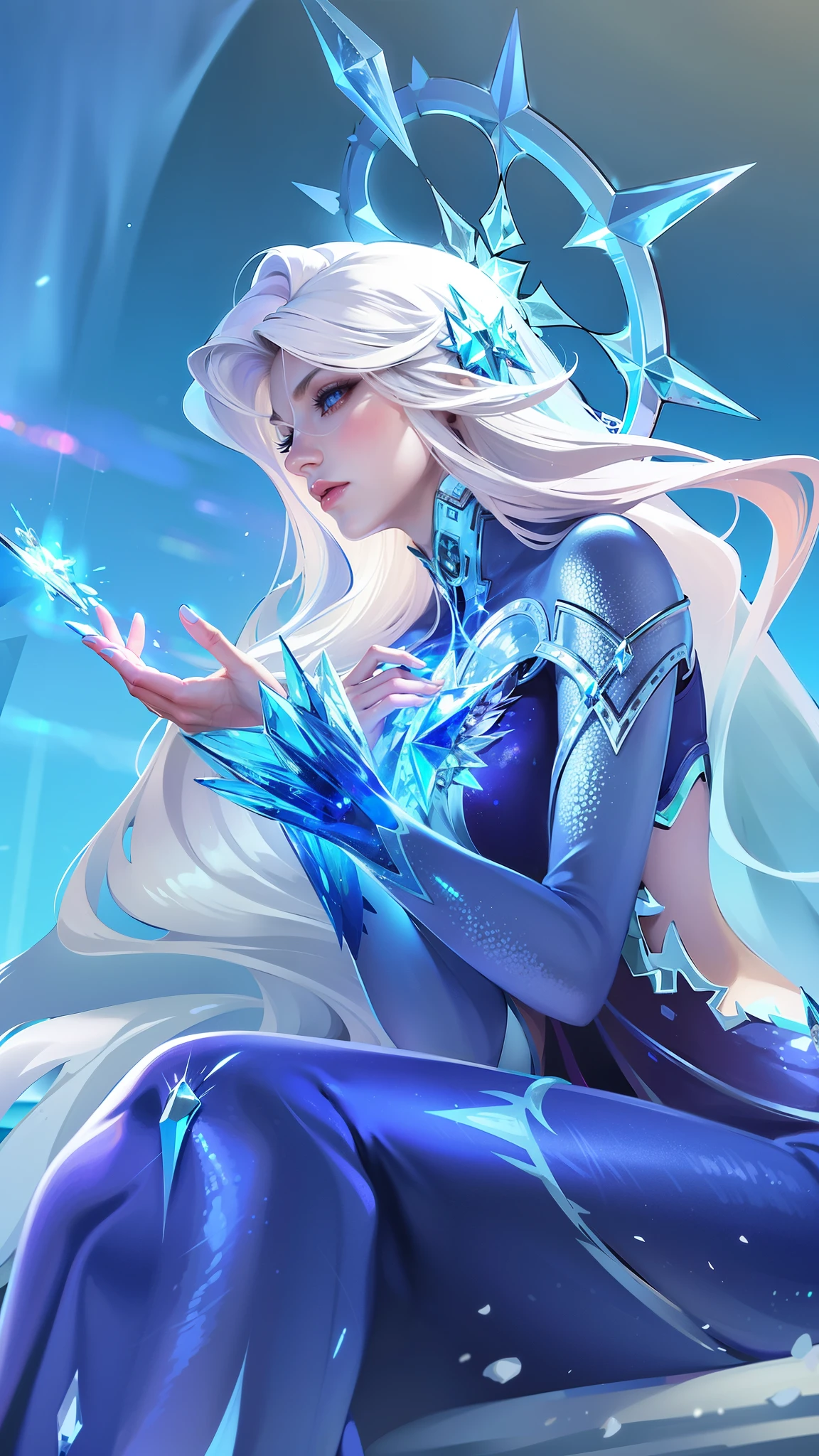 (female:1.2), 8k, ultra hd, ultra detailed texture, hyper realistic, masterpiece, detailed texture, detailed face, detailed skin, detailed lighting, (photorealistic:1.5), best quality, beautiful lighting, cinematic lighting, professional lighting, ultra highres, realistic, detailed hair, real hair, high quality, (realskin:1.5), extremely detailed, finely detail, ultra-detailed, red lips, long hair, white hair, aurora \(mobile legends\), depth of field, white skin, amazing pose, outdoors, glowing, there is a woman sitting on a rock with a crystal in her hand, ice sorceress, queen of ice and storm, ice mage, ice queen, crystalline skin, beautiful ancient frost witch, ice spell, goddess of winter, beautiful celestial mage, crystal maiden, blue eyes