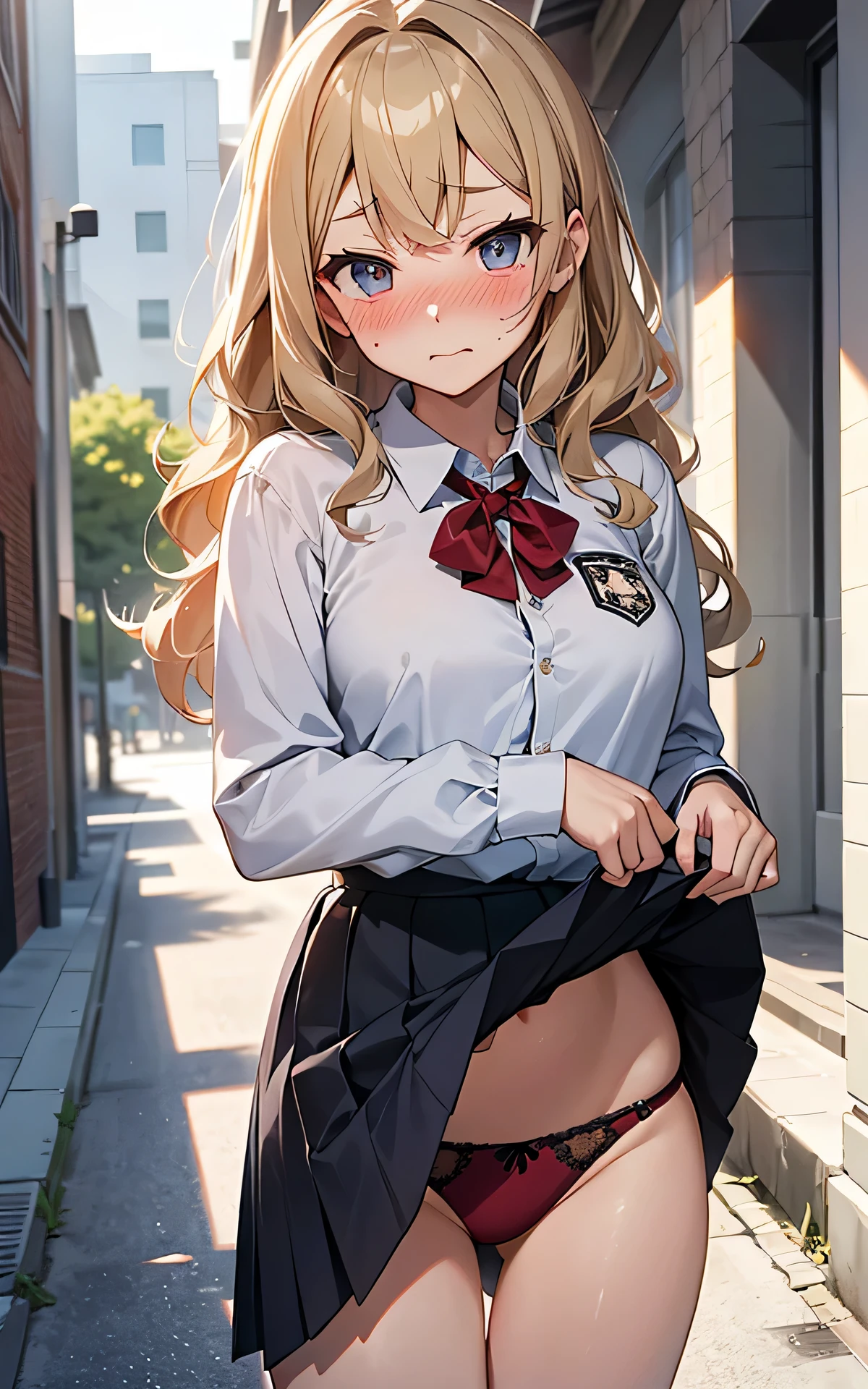 ultra-detailed:1.8、absurderes:1.8, ((From the thigh up:1.5,)), ((school uniform、skirt lift:1.5, showing panties:1.4, wavy hair))、(1woman), ultra-detailed eyes、Unity 8K Wallpaper, Masterpiece, detailed hair, highly detailed, (blond hair, embroidery panties:1.4, sidewalk), (embarrassed、blush:1.3)、 ,(slut:1.2),
