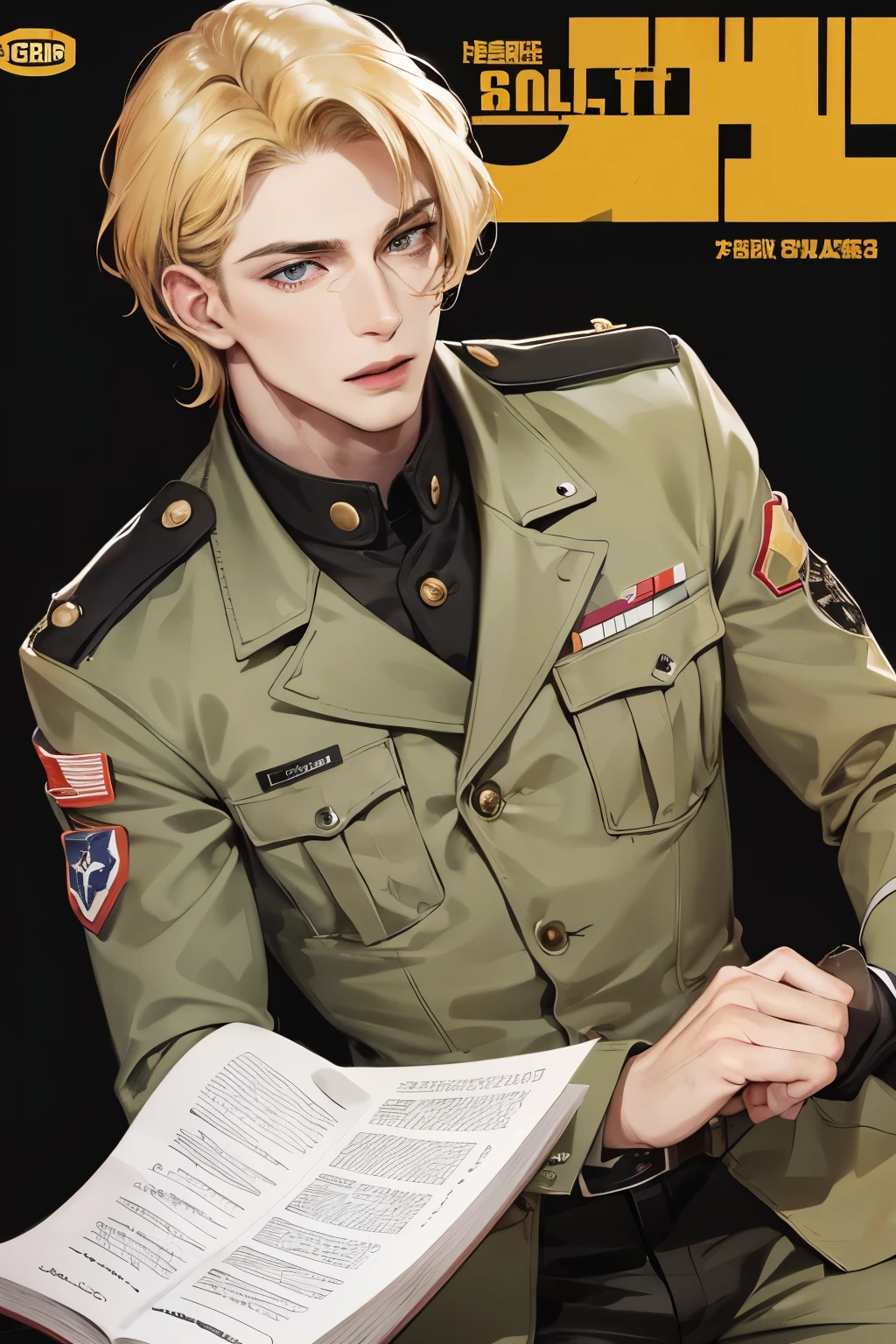 cover for a book, photography of a sexy army man, a solo man, (((man))), (masculine face), 25 years old, military, big bad boy, (golden eyes), expressive look, blonde hair, (((dark background))), shine hair, unshaven, military uniform, face scars, super detailed face, perfect body, perfect shapes, realistic image, award winning photography, 8k,