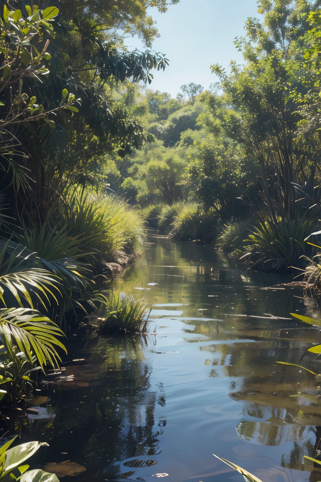 small freshwater marsh, flat and smooth with obscured channels and deep pools with plants and animals