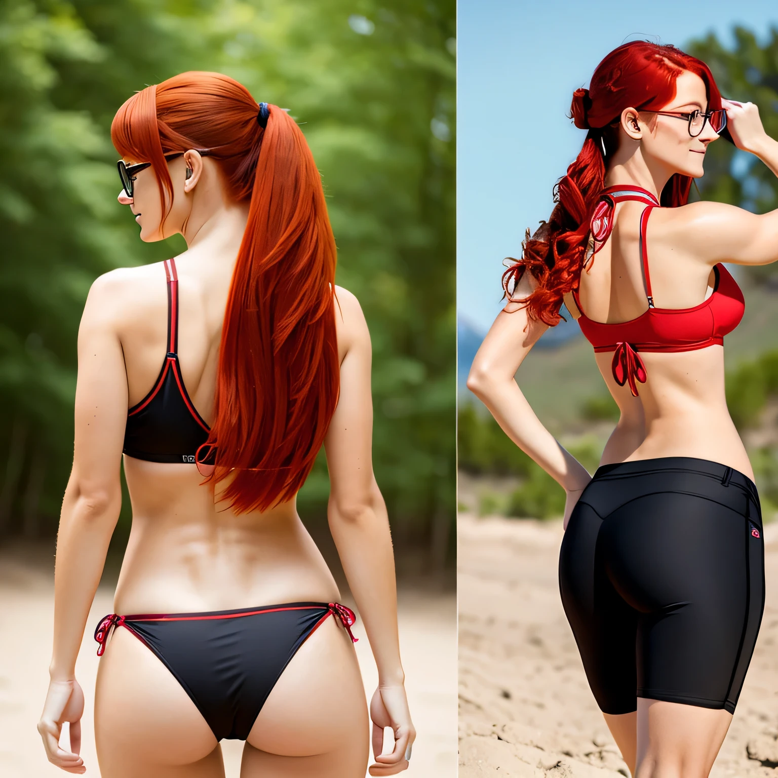 the same red haired woman with two back grounds on the 1 picture. On the left side she is wearing her teacher attire, her hair tied back and wearing glasses. On the right side, she is wearing a bikini, form fitting showing off her figure with her hair out and no glasses