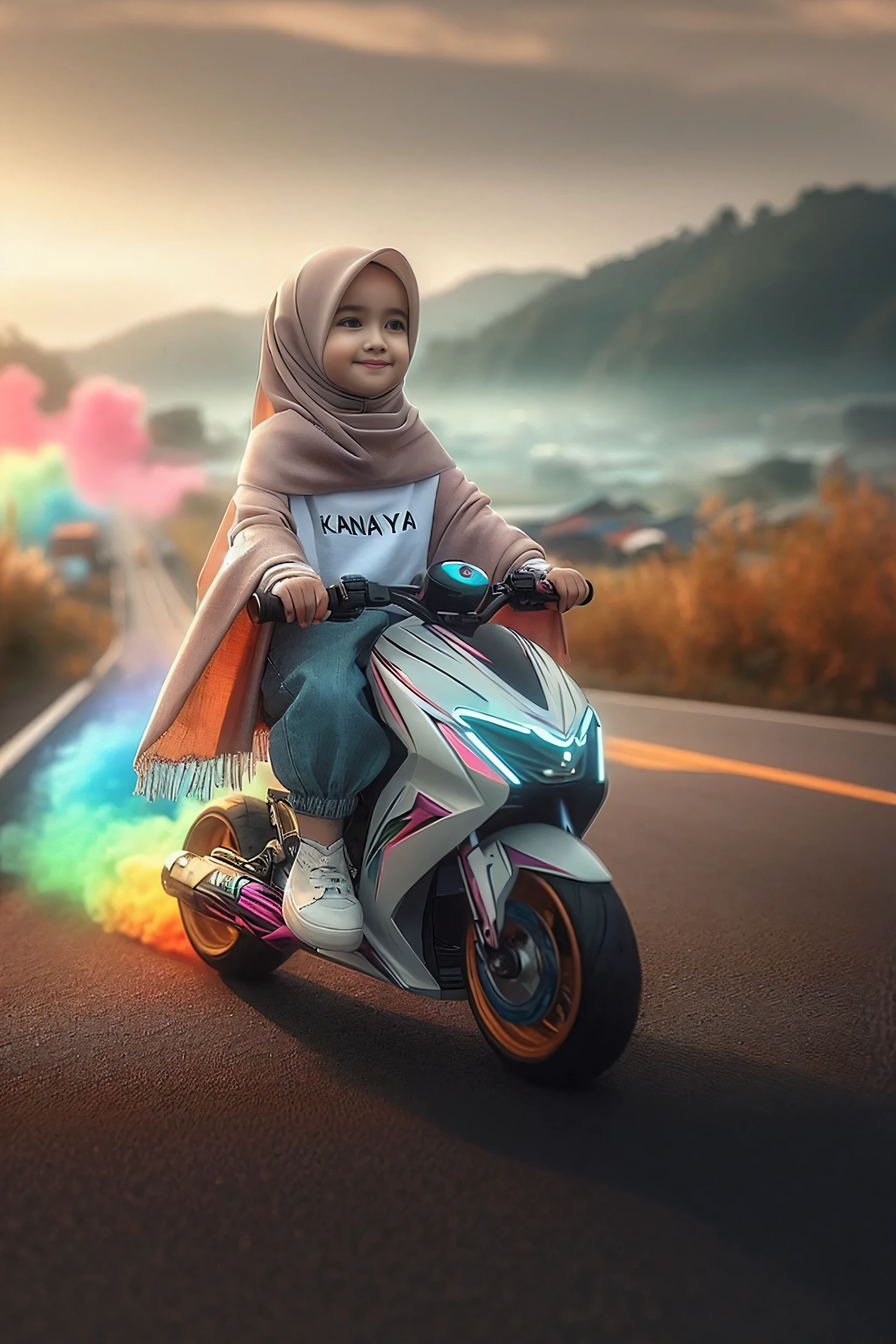 there is a young girl riding a motorcycle on the road, full colored, with beautiful colors, fully colored, cute woman, colored, riding a motorcycle, riding a motorbike, motorcycle, riding a futuristic motorcycle, adorable digital painting, colourfull, by Rudy Siswanto, hyper realistic color photo, awesome, super colorful, artwork in the style of guweiz